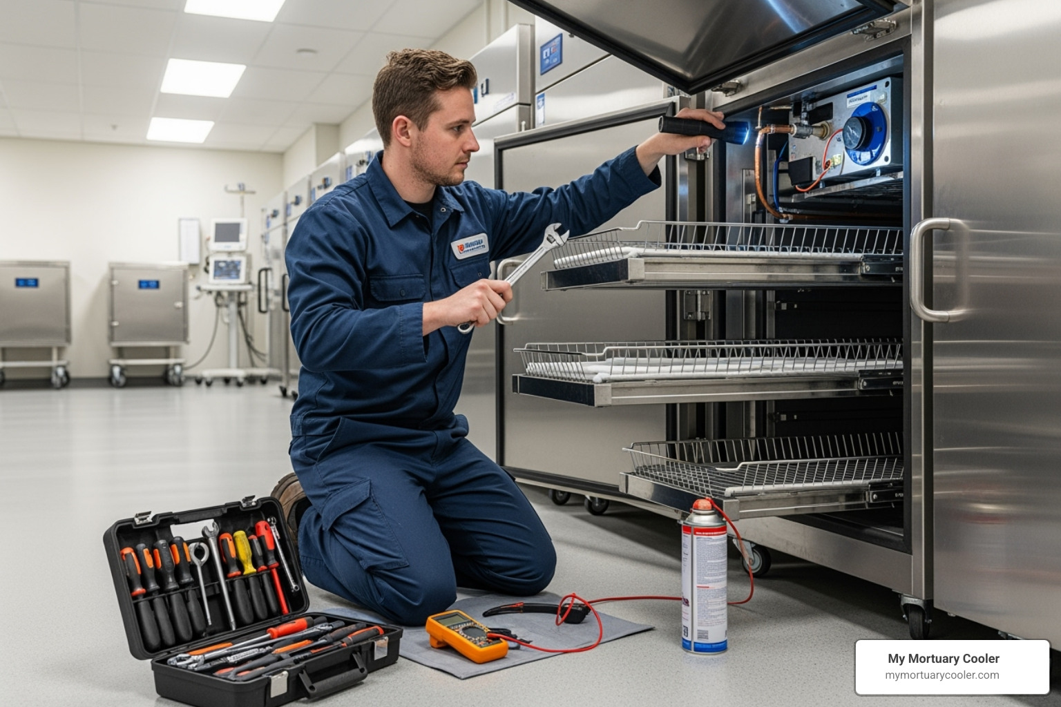 A technician performing maintenance on the refrigeration unit of a mortuary cooler - mortuary storage solutions