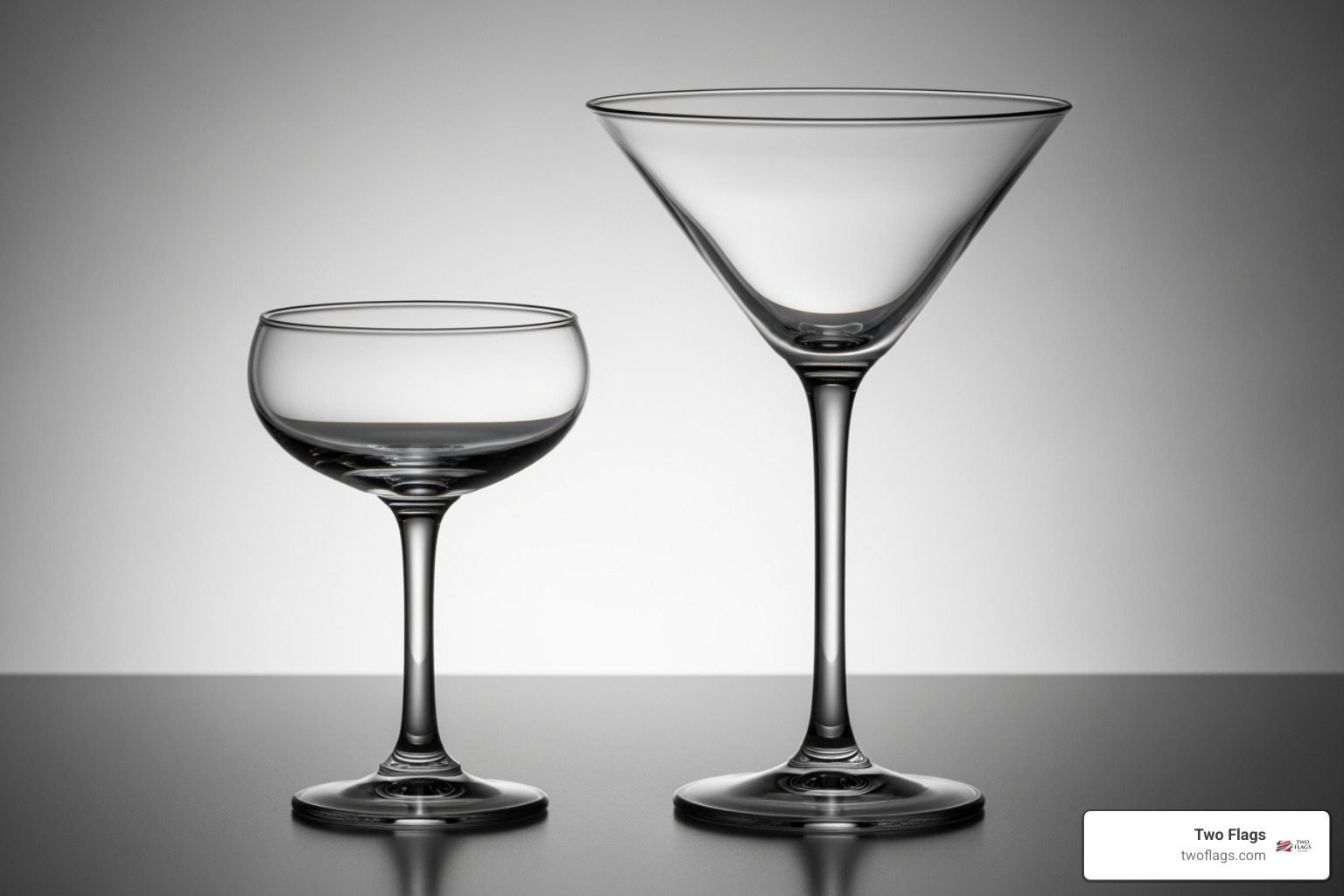 comparing a small 5 oz coupe glass next to a large 9 oz V-shaped martini glass - how many ounces of vodka are in a martini