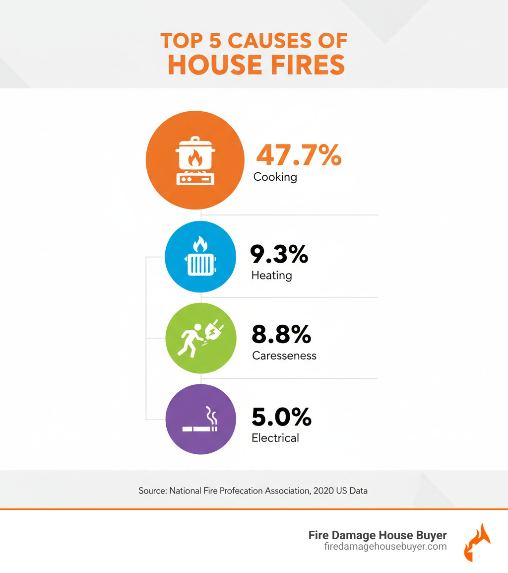 Infographic showing the top 5 causes of house fires with percentages Infographic showing the top 5 causes of house fires with percentages