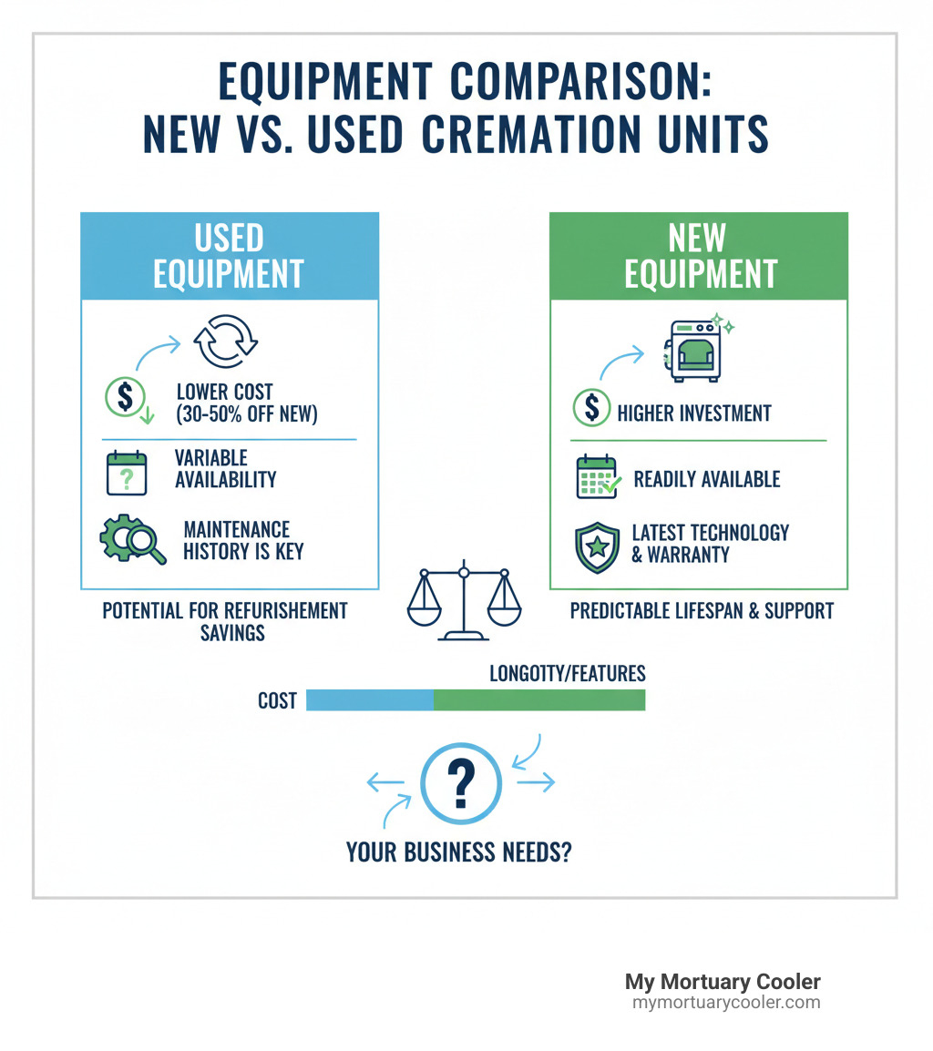 Comparison table of new vs used cremation equipment - used animal cremation equipment for sale infographic 