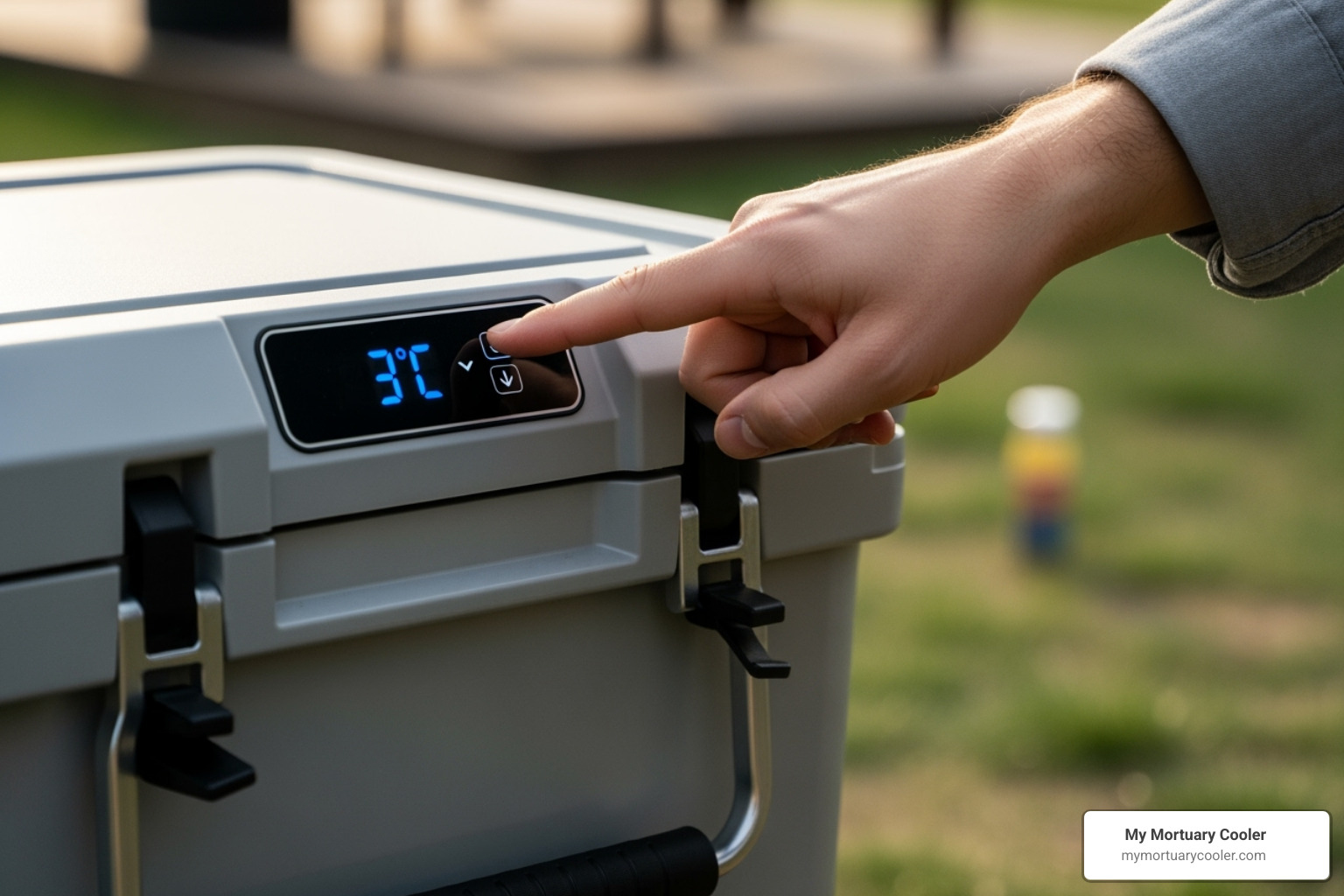 Person adjusting digital temperature control on a portable cooler - refrigerated cooler