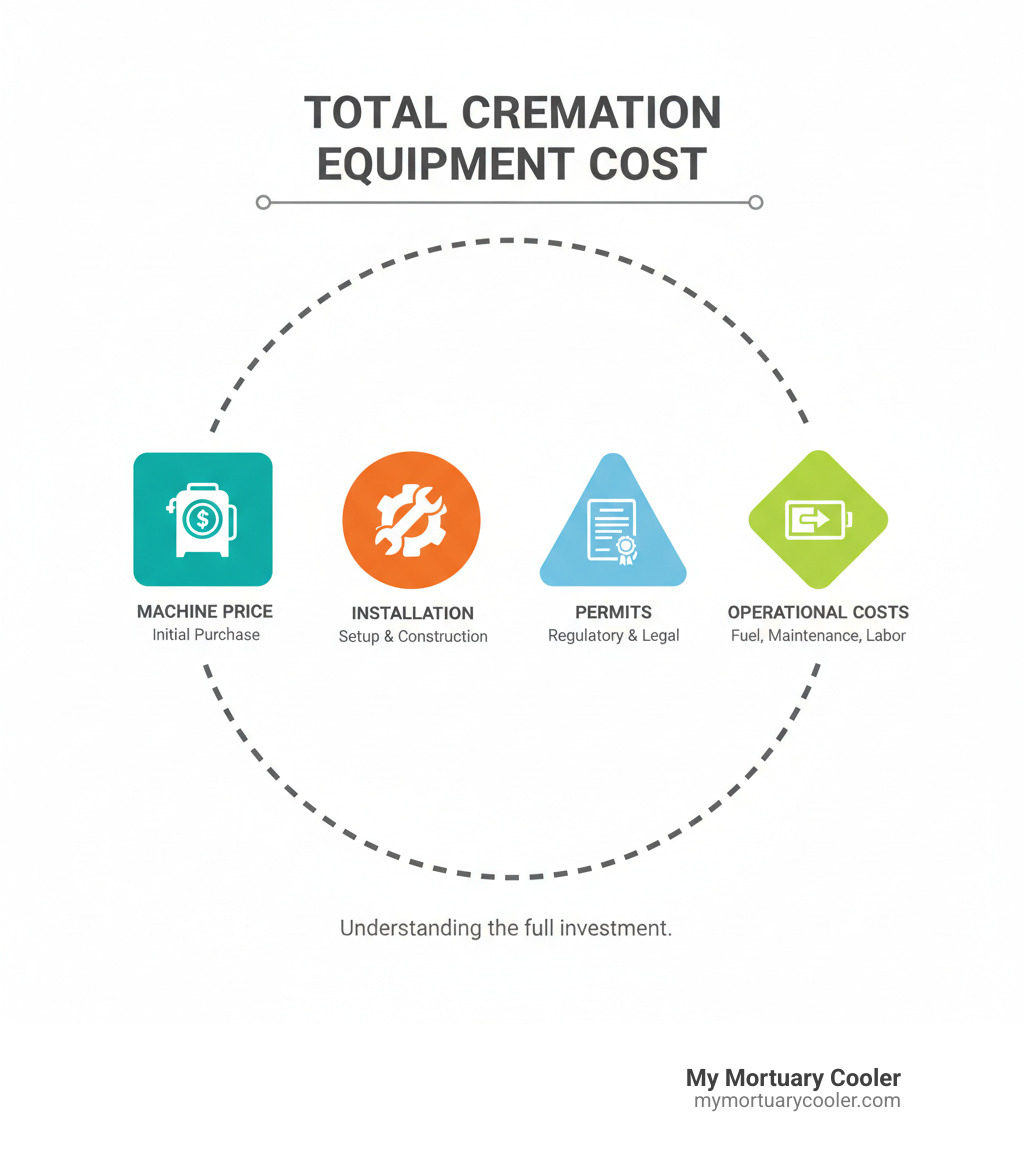 Infographic detailing the main components of total cremation equipment cost: Machine Price, Installation, Permits, and Operational Costs. - cremation equipment cost infographic 