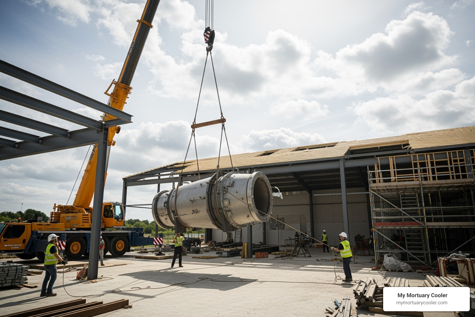 crane lowering cremation retort into building - cremation equipment cost