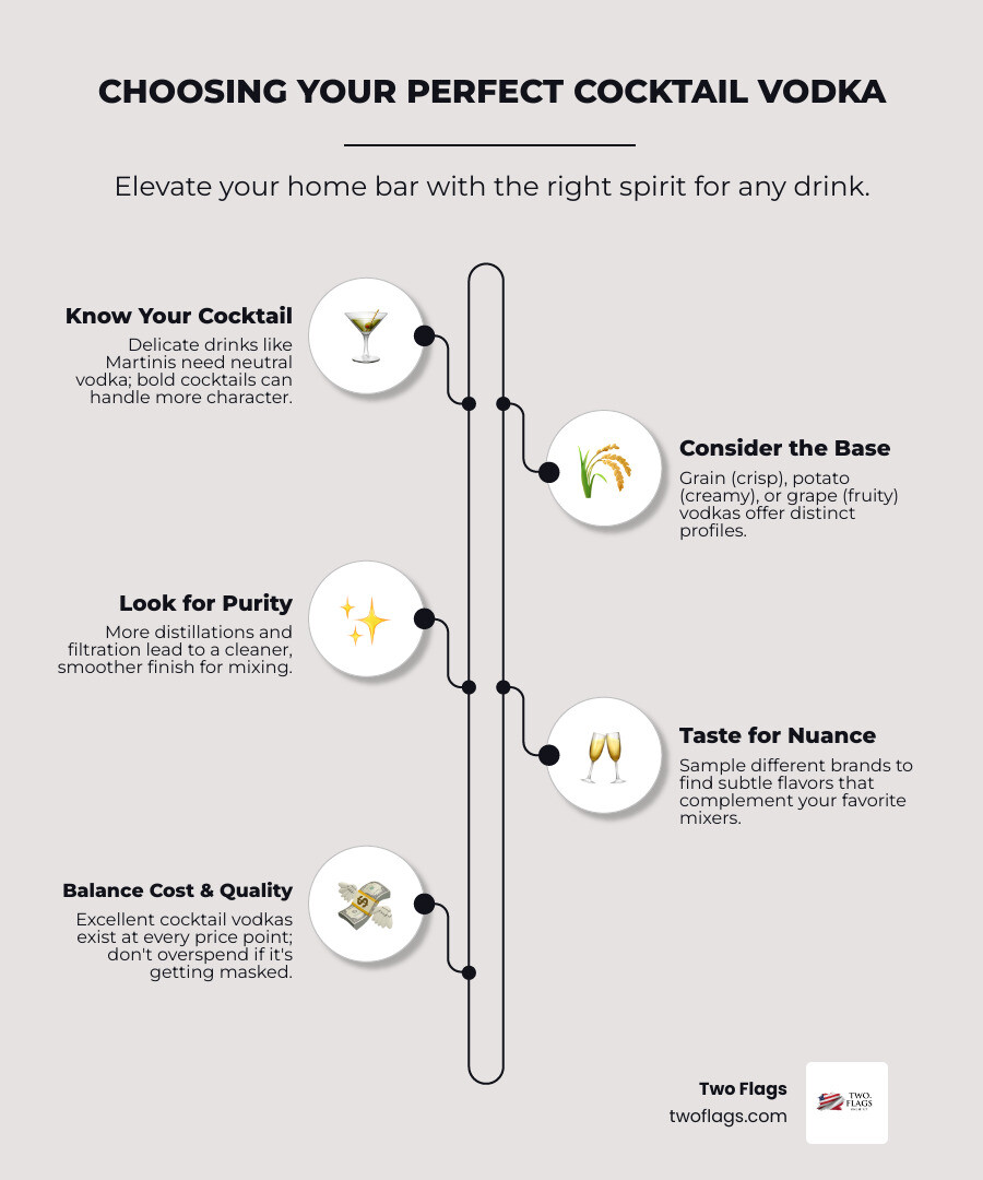 Infographic showing the journey from raw ingredients like wheat and potatoes through fermentation tanks, copper distillation columns, filtration systems with charcoal and crystal filters, to the final bottled vodka ready for cocktail mixing - Best vodka for cocktails? infographic 