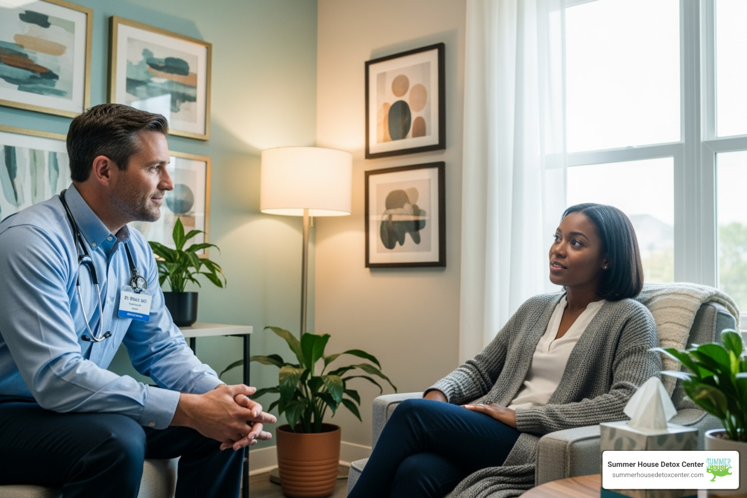 supportive medical professional talking to a patient in a comfortable setting - day 3 opiate withdrawal symptoms