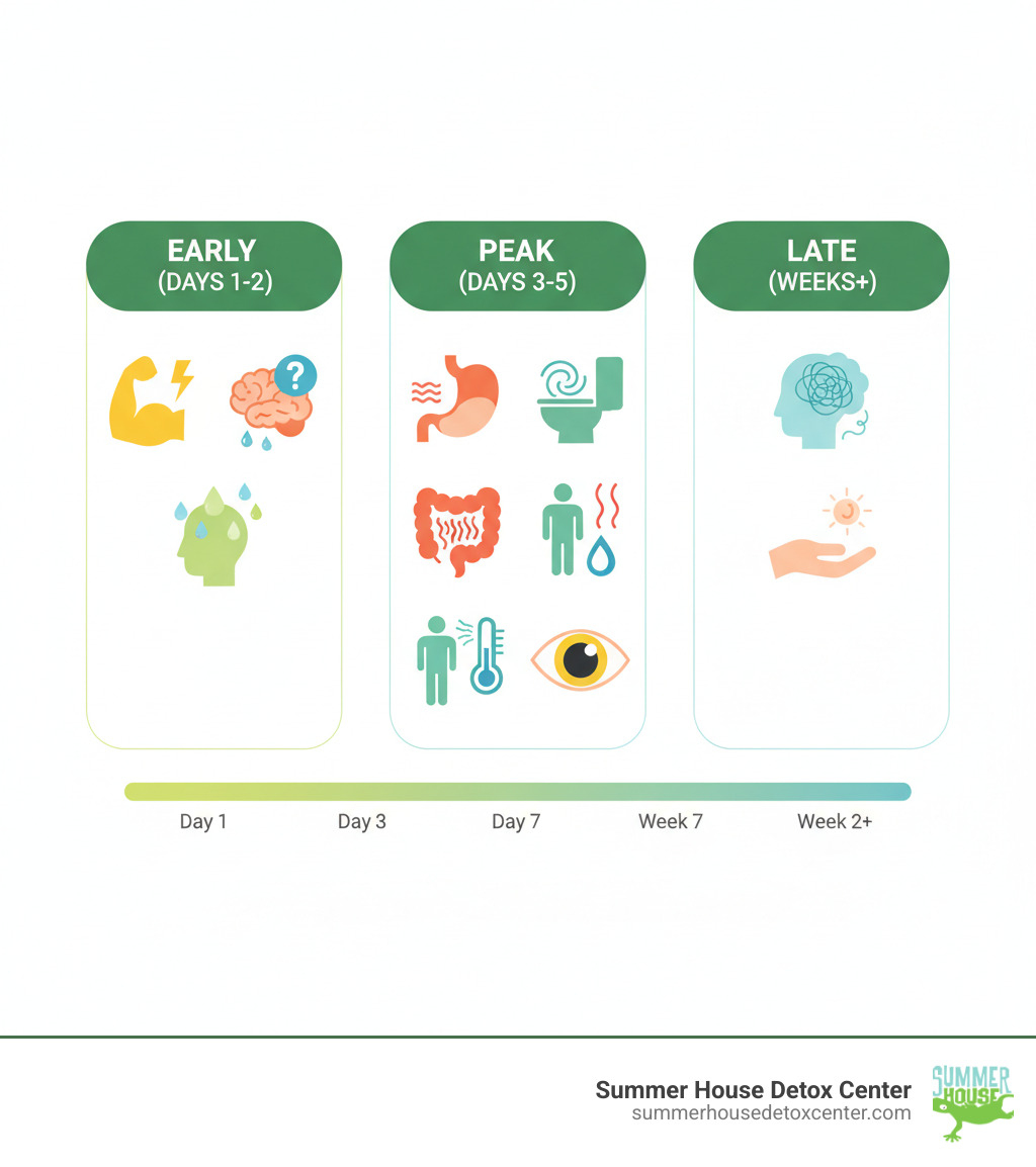 Infographic detailing the timeline of opiate withdrawal symptoms from early (Days 1-2: muscle aches, anxiety, sweating) to peak (Days 3-5: nausea, vomiting, diarrhea, cramps, chills, dilated pupils) and late stages (Weeks+: lingering psychological symptoms, cravings). - day 3 opiate withdrawal symptoms infographic 