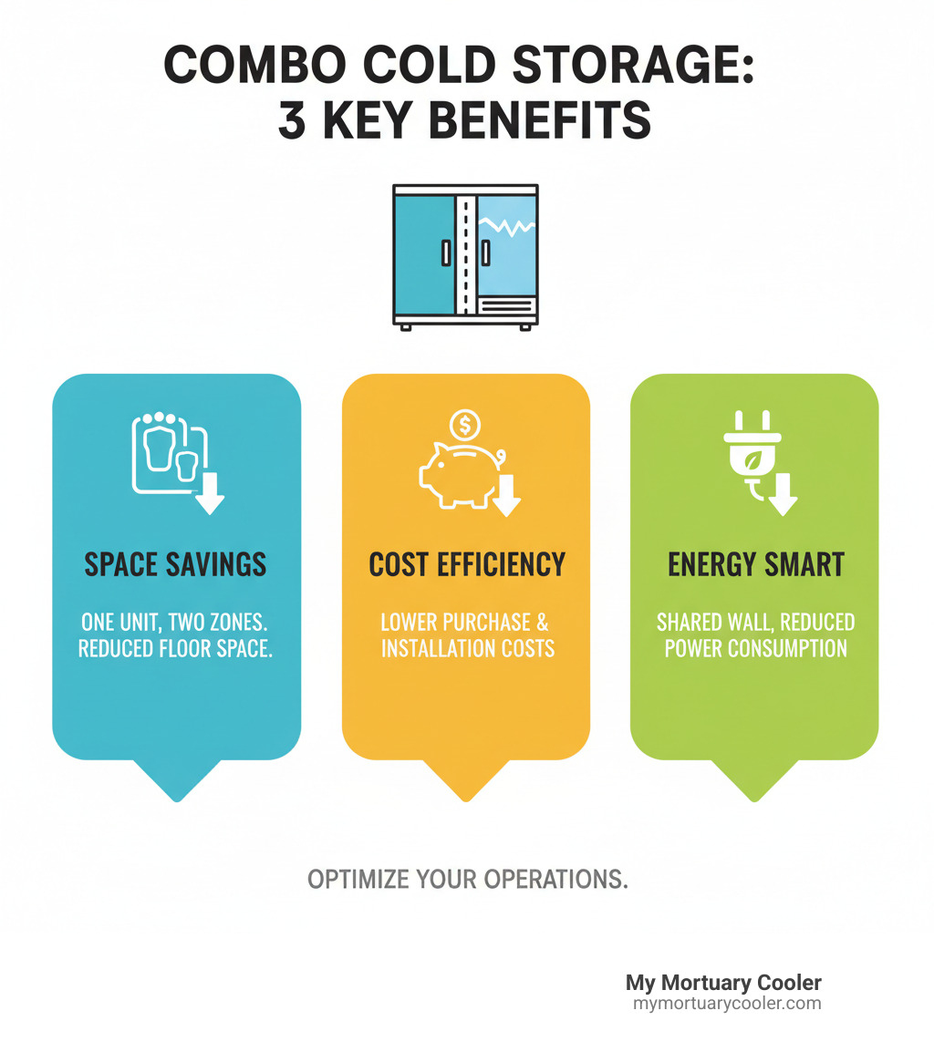 Infographic explaining the top 3 benefits: Space, Cost, and Energy Savings of a walk-in cooler freezer combo - walk in cooler freezer combo infographic 