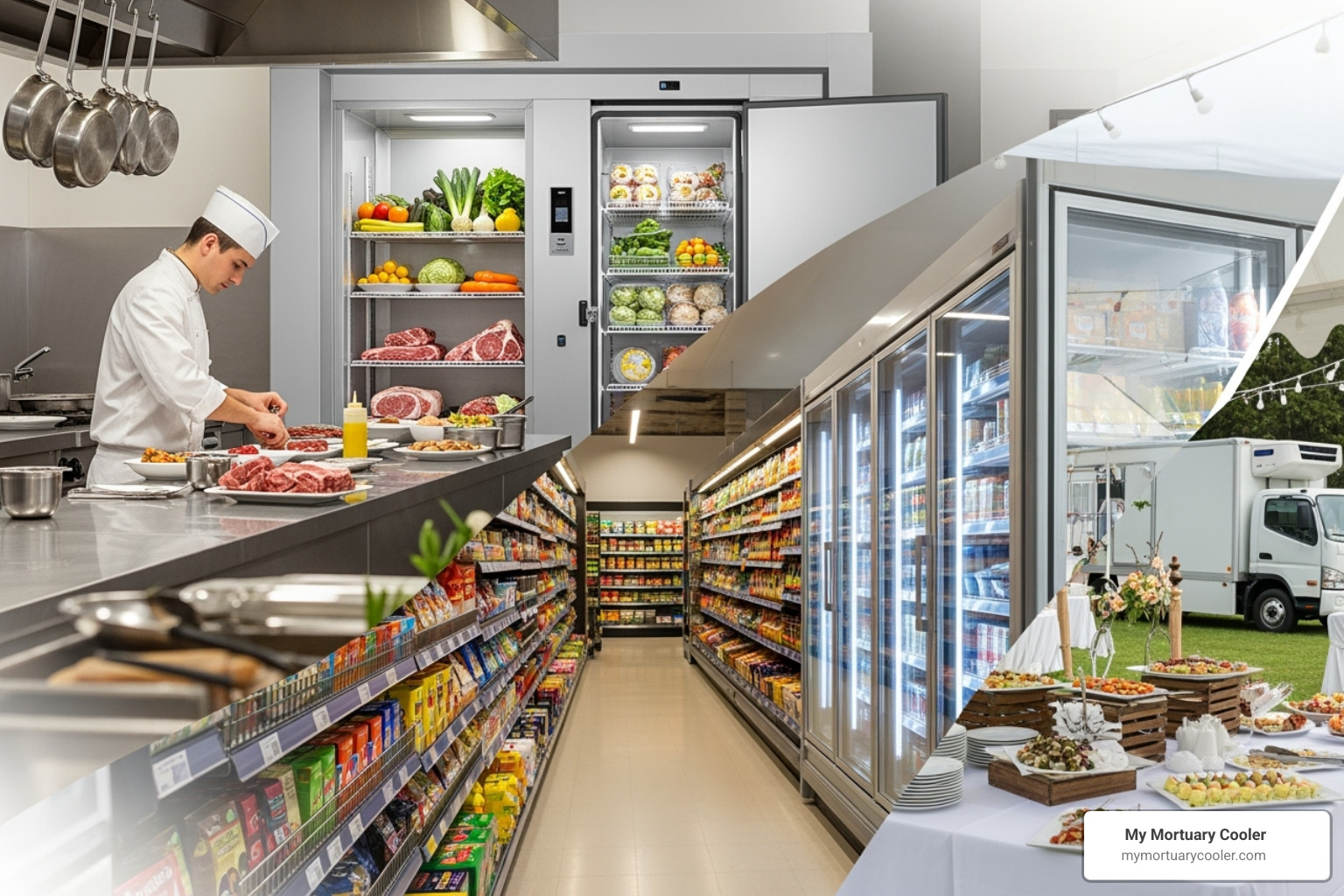 Collage showing different business types using walk-in coolers - walk in cooler freezer combo