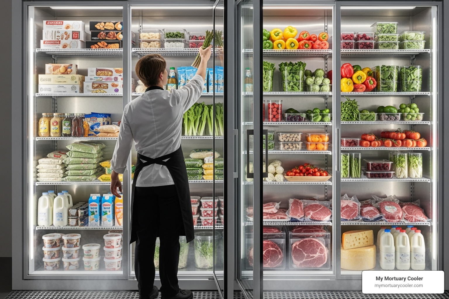 A person easily accessing products from a well-organized walk-in combo unit - walk in cooler freezer combo