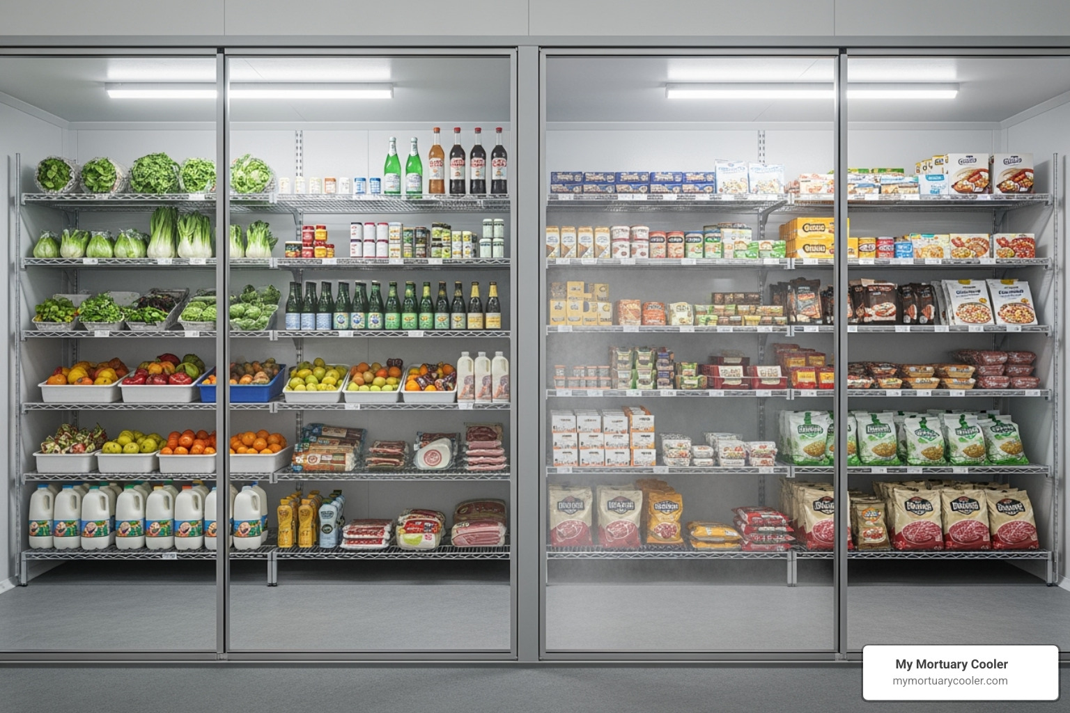 Interior of a combo unit showing shelving and the partition wall - walk in cooler freezer combo