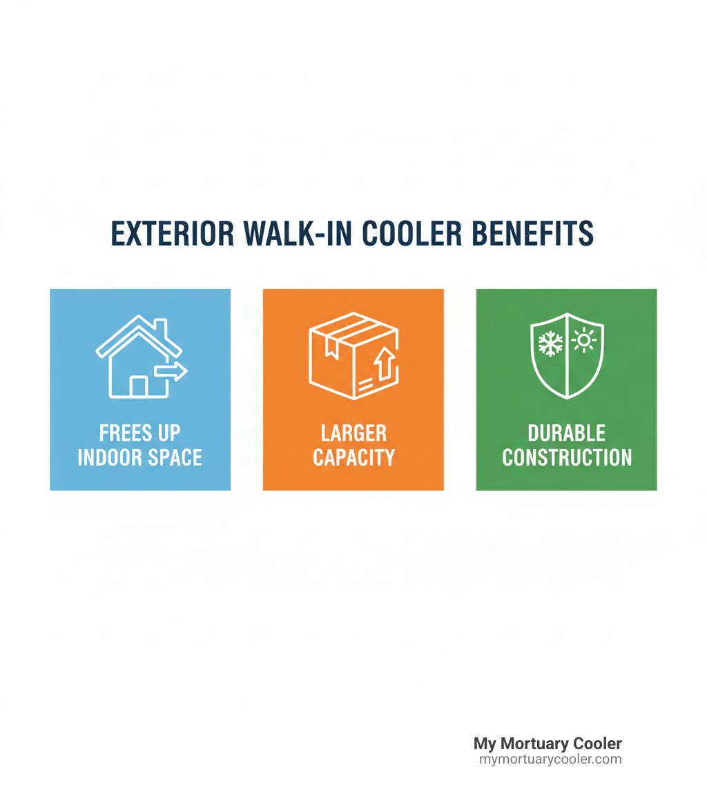 Infographic explaining the core benefits of an exterior walk-in cooler: frees up indoor space, potential for larger capacity, and durable construction. - exterior walk in cooler infographic 