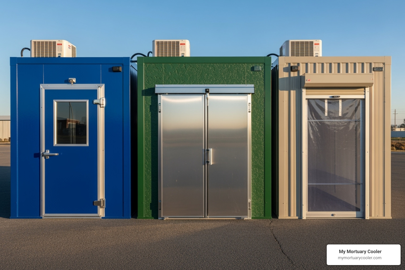 different customization options like colors and door placements - exterior walk in cooler
