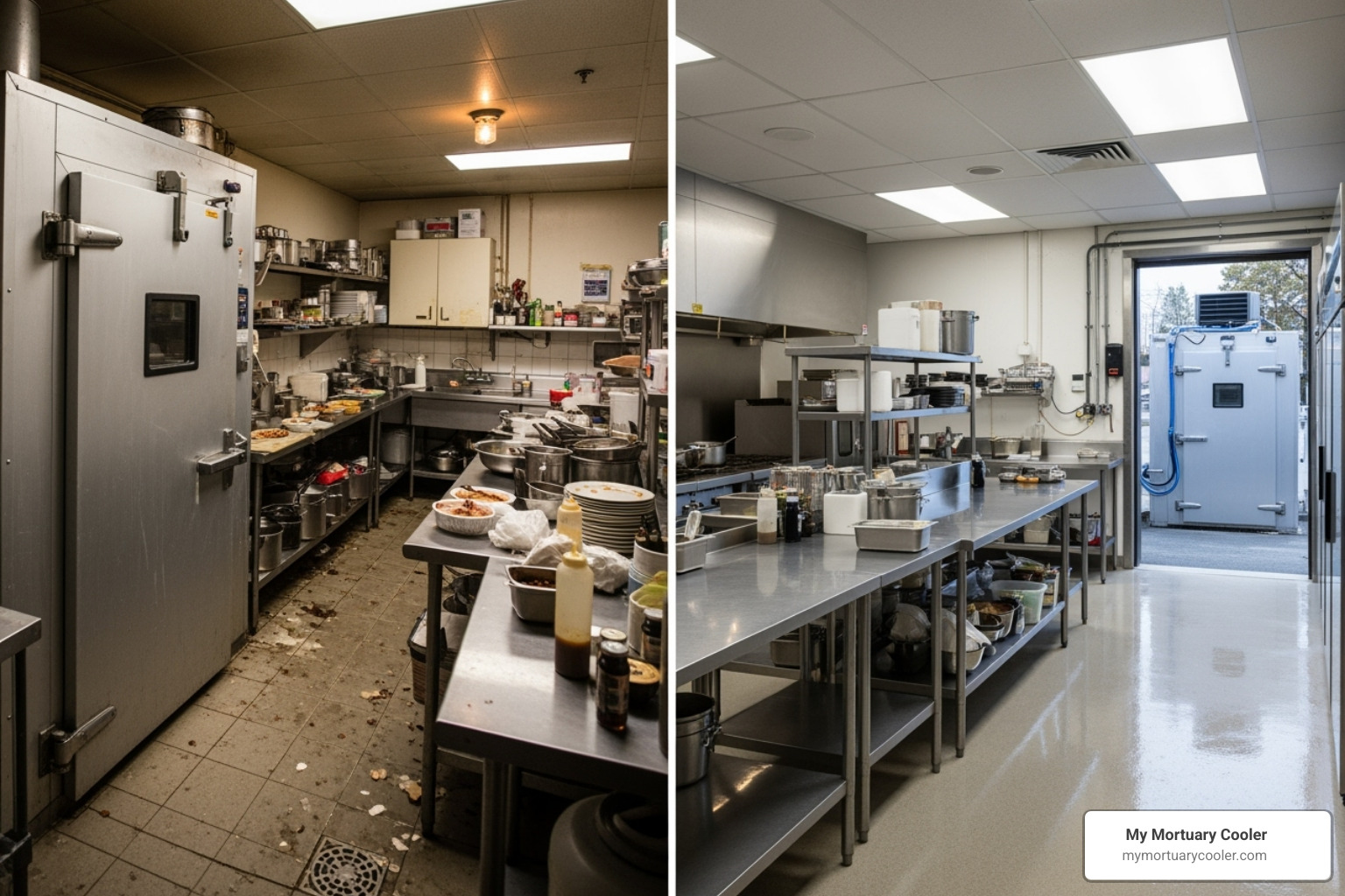 cramped indoor kitchen versus an organized one with the walk-in moved outside - exterior walk in cooler