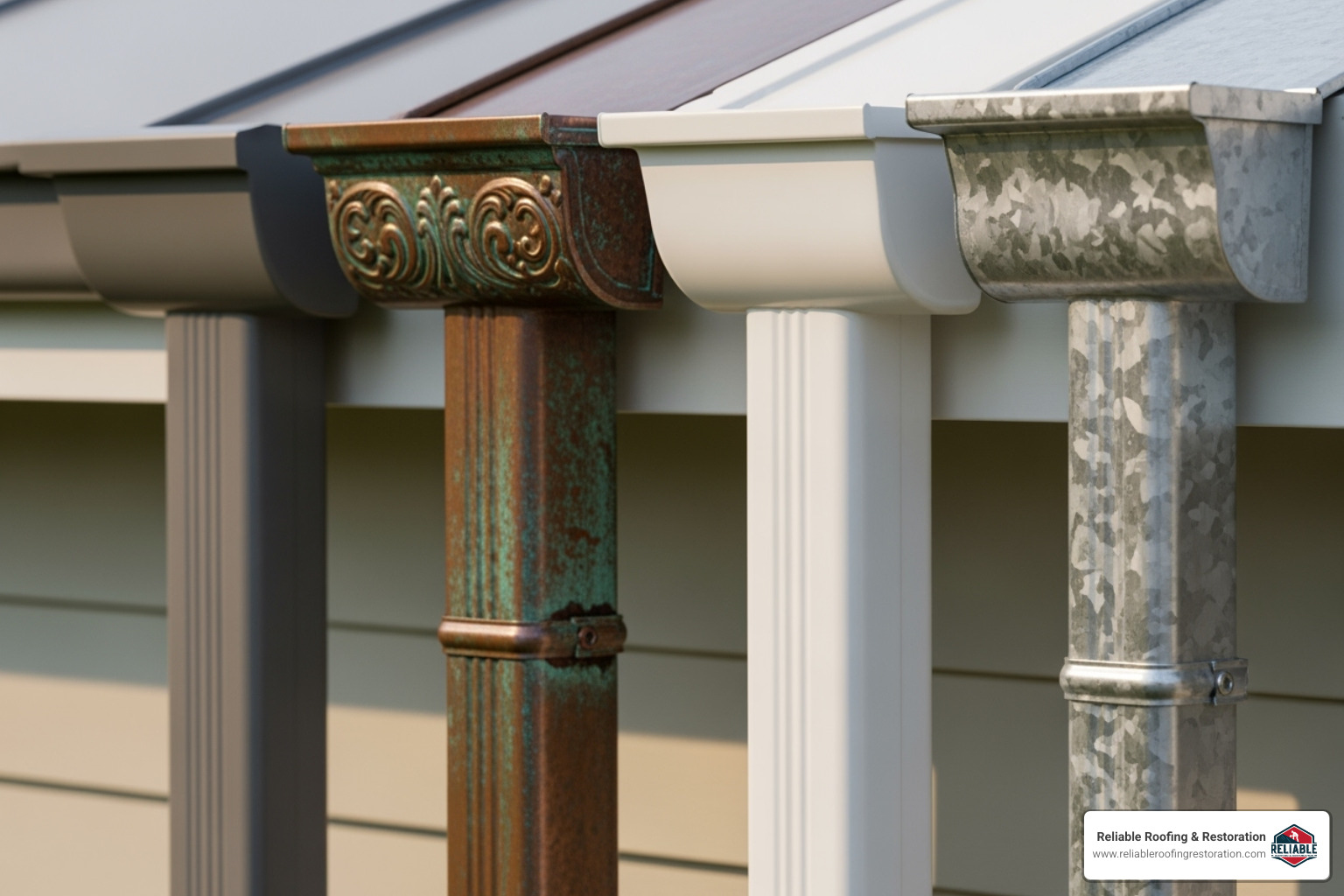 image showing different gutter materials, such as seamless aluminum and decorative copper - Gutter repair Katy TX