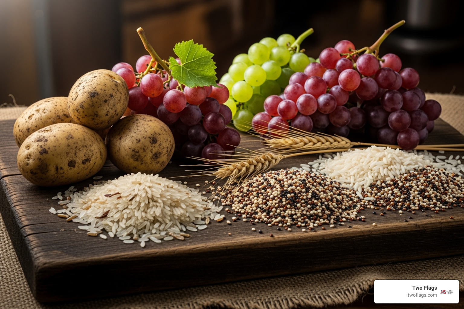 An assortment of raw ingredients for vodka production, including whole potatoes, bunches of grapes, and grains like rice and quinoa, artfully arranged on a rustic wooden board. - gluten free corn free vodka An assortment of raw ingredients for vodka production, including whole potatoes, bunches of grapes, and grains like rice and quinoa, artfully arranged on a rustic wooden board. - gluten free corn free vodka