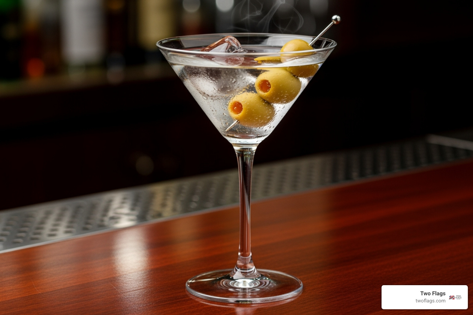 A perfectly prepared classic Vodka Martini, served in a chilled martini glass with two green olives on a cocktail pick, resting on a polished bar surface. - gluten free corn free vodka A perfectly prepared classic Vodka Martini, served in a chilled martini glass with two green olives on a cocktail pick, resting on a polished bar surface. - gluten free corn free vodka