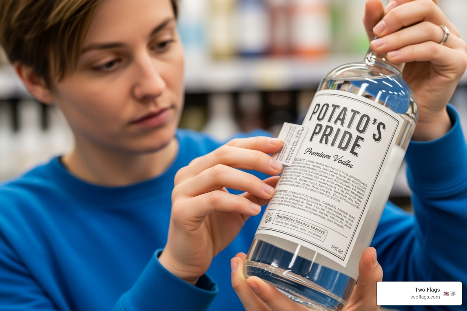 A person carefully examining the ingredient label on a bottle of vodka, highlighting the importance of reading labels for dietary restrictions. - gluten free corn free vodka A person carefully examining the ingredient label on a bottle of vodka, highlighting the importance of reading labels for dietary restrictions. - gluten free corn free vodka