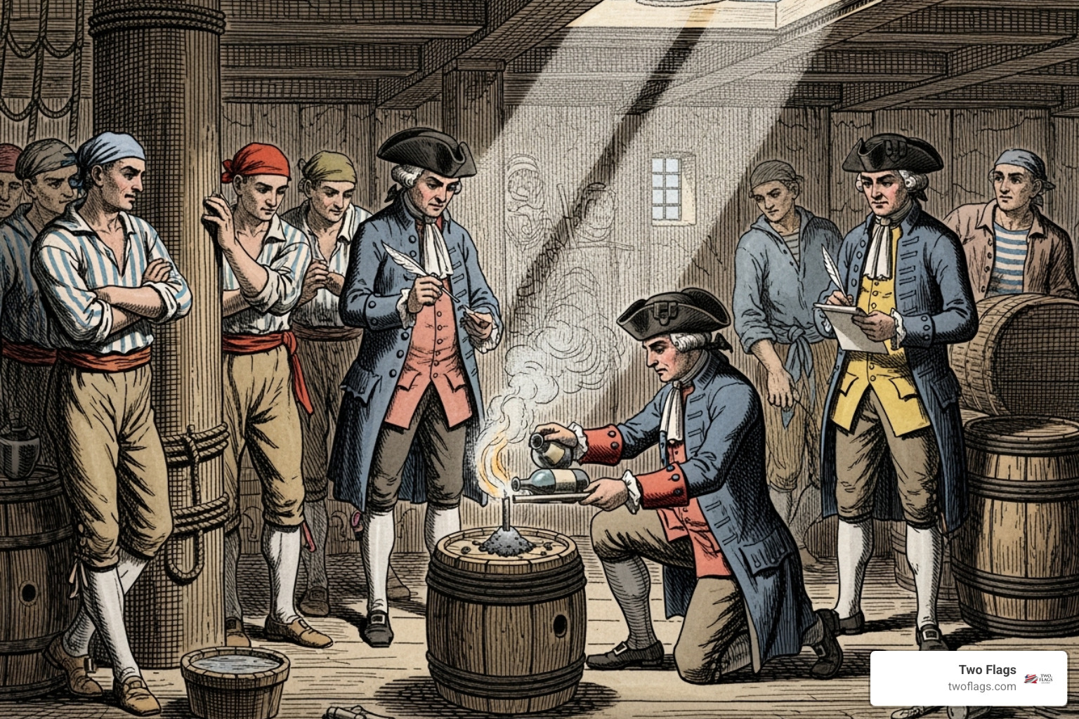 old-timey illustration depicting the gunpowder test on a ship - 100 proof
