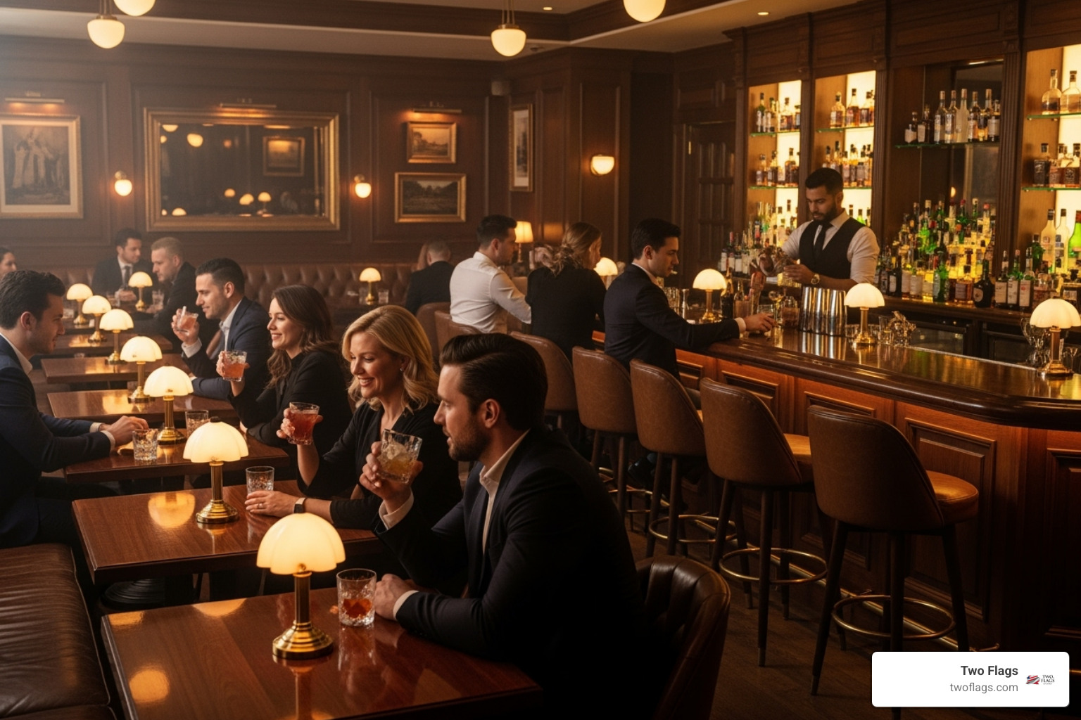 A dimly lit, sophisticated cocktail lounge with patrons enjoying drinks - vodka in Chicago
