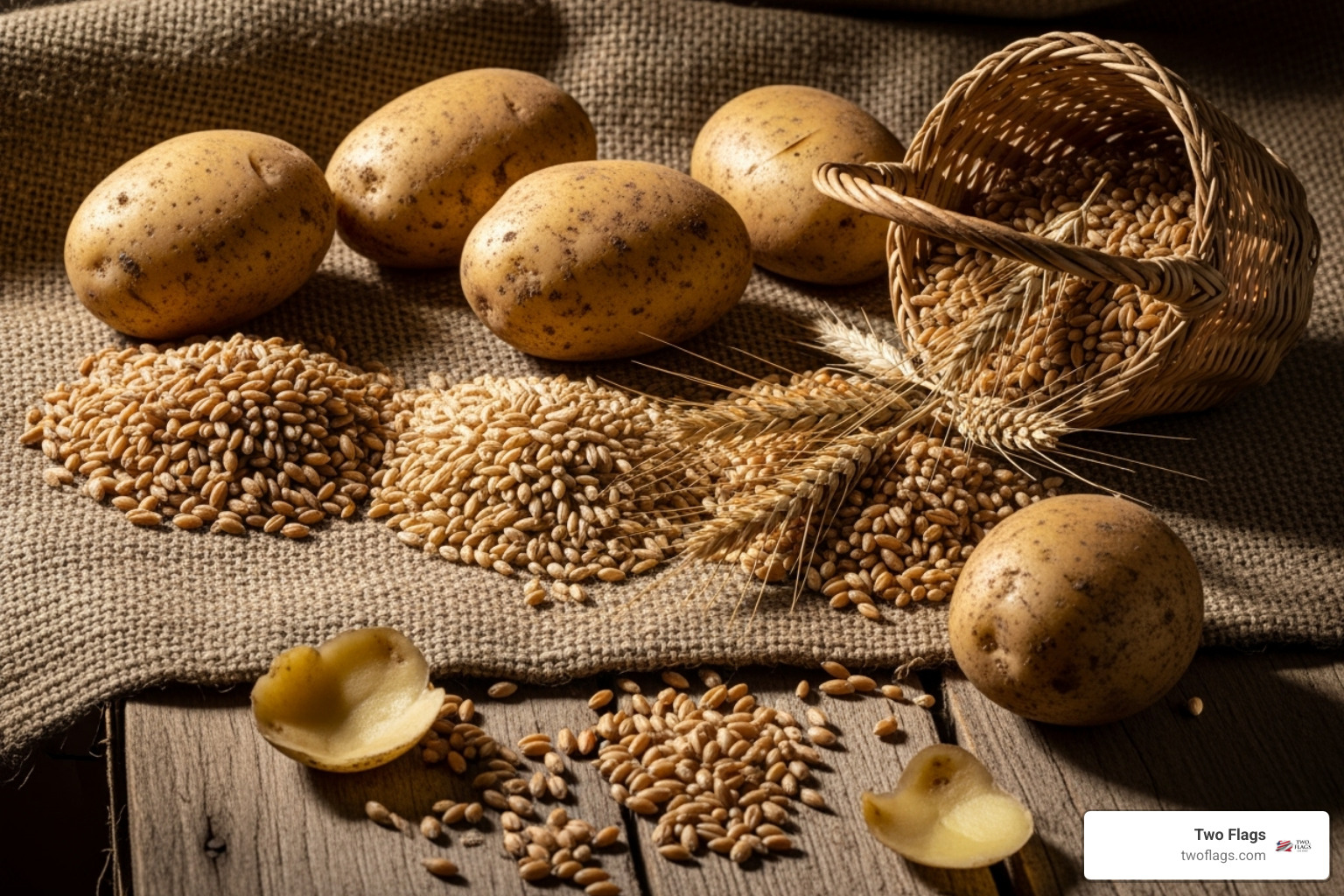 Organic potatoes and grains in a rustic setting - is vodka natural