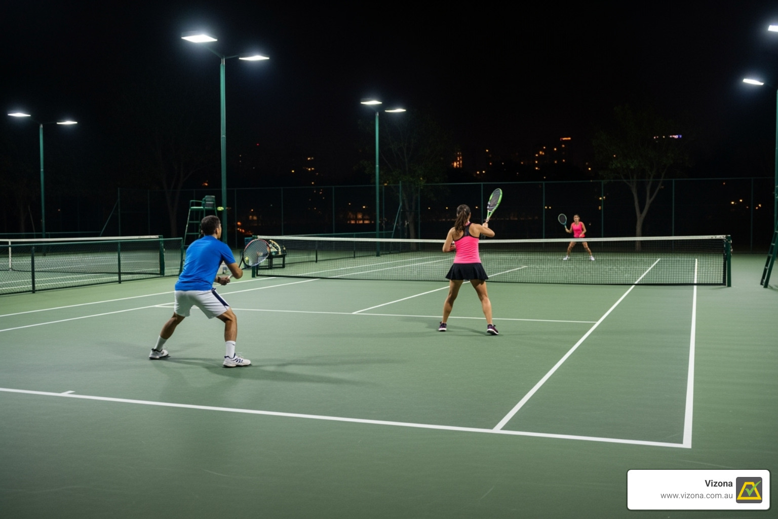A well-lit tennis court with players, highlighting minimal glare - LED sports lighting