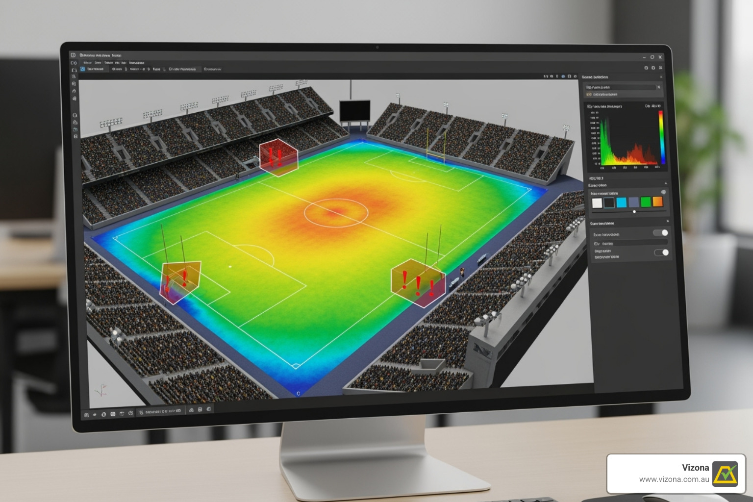 A lighting design simulation on a computer screen - LED sports lighting