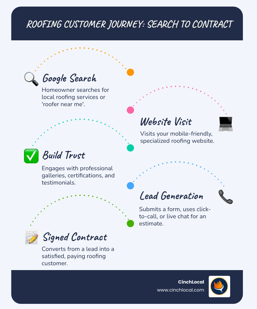 Comprehensive infographic showing the customer journey from initial Google search for roofing services through website visit, trust-building elements, contact form submission, and final contract signing, with key conversion points highlighted at each stage - roofer website design agency infographic infographic-line-5-steps-blues-accent_colors