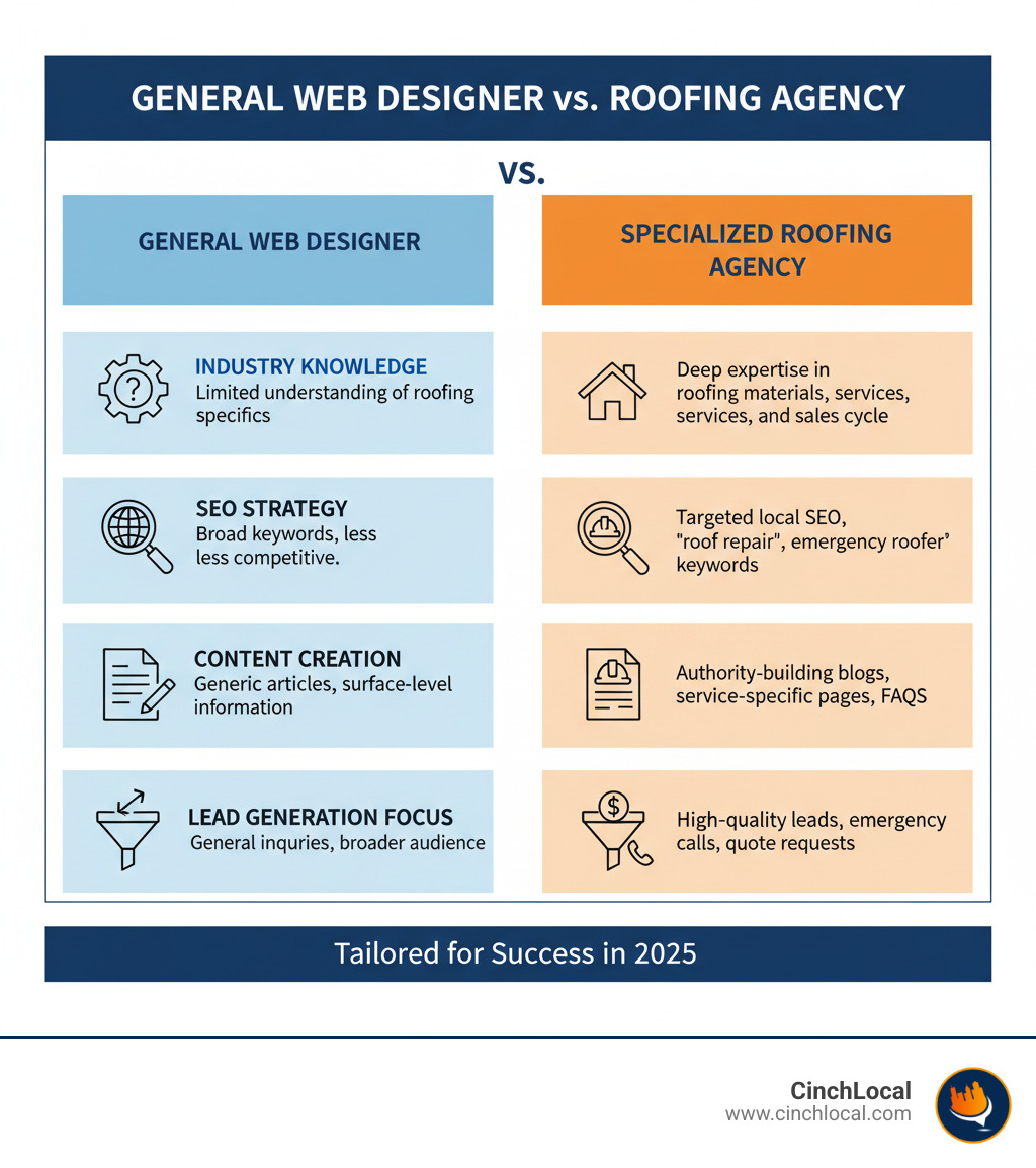 infographic comparing a general web designer versus a specialized roofing agency on factors like industry knowledge, SEO strategy, content creation, and lead generation focus - roofer website design agency infographic 