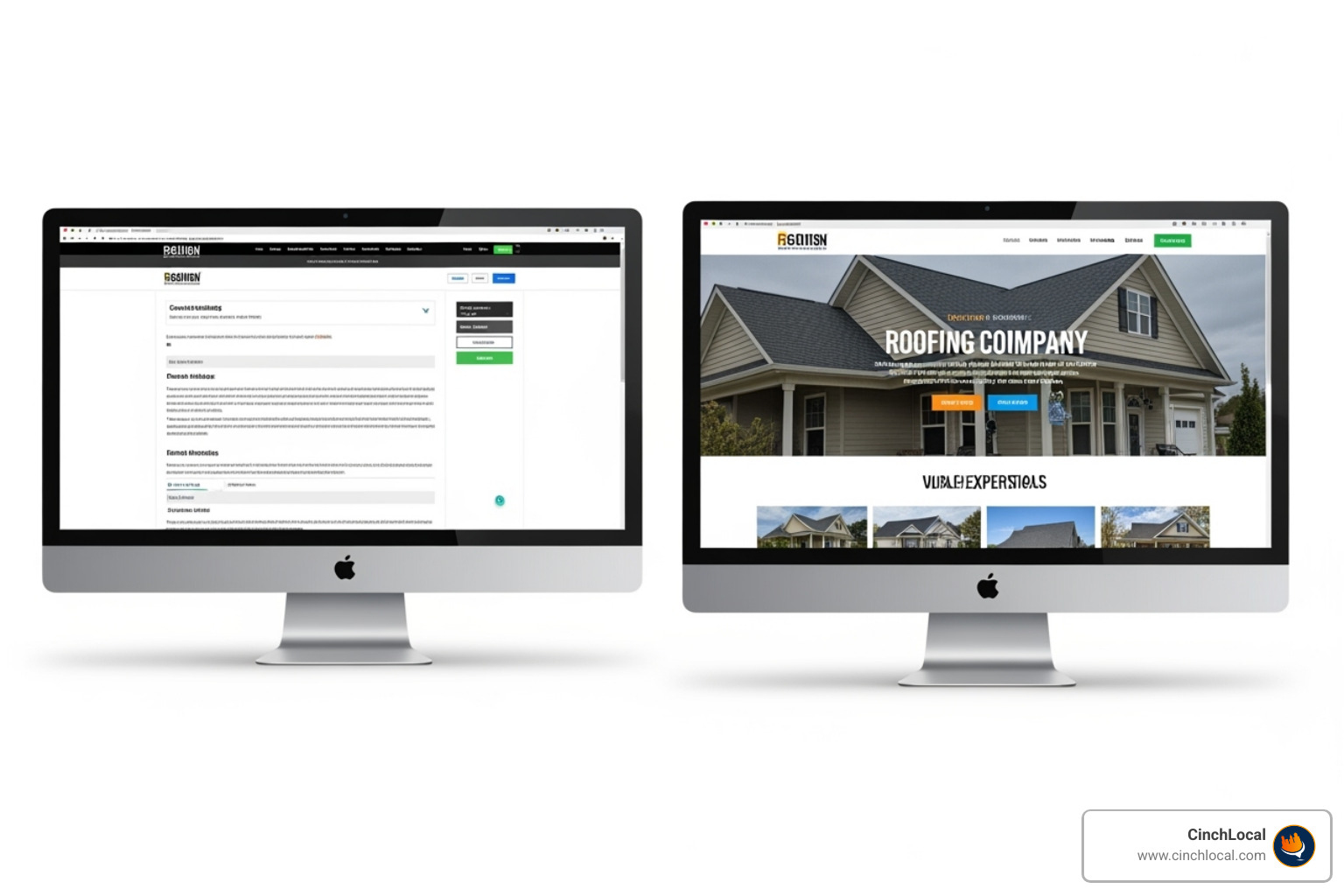 contrasting a generic business template with a custom-branded roofing website featuring trust signals and local project highlights - roofer website design agency