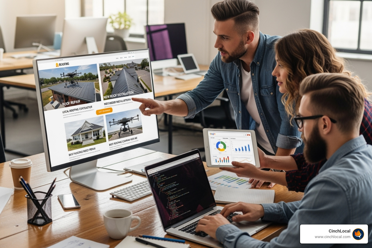 team of digital marketing experts collaborating on a roofing website project - roofer website design agency