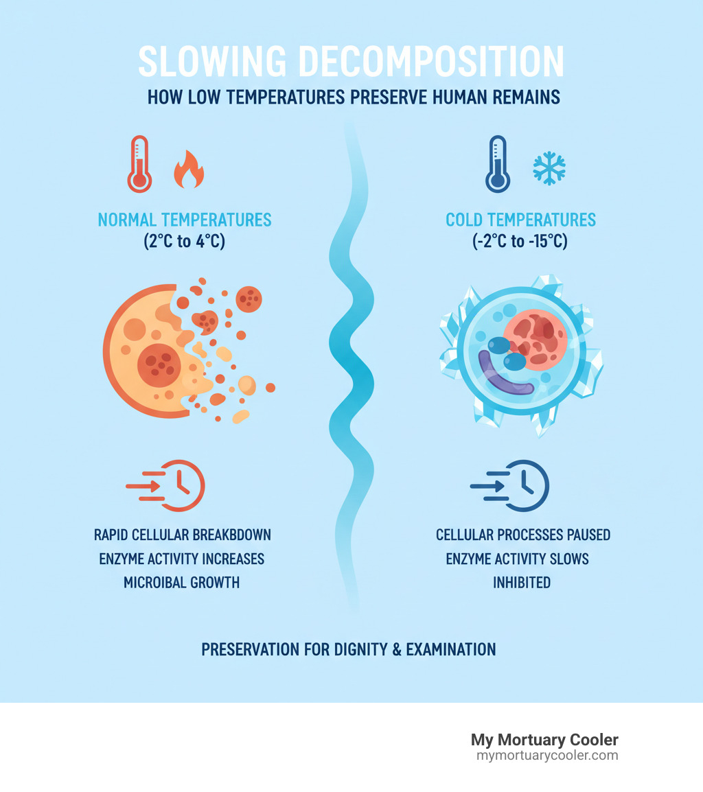 Infographic explaining how low temperatures slow cellular decomposition in human remains - body storage freezer infographic 