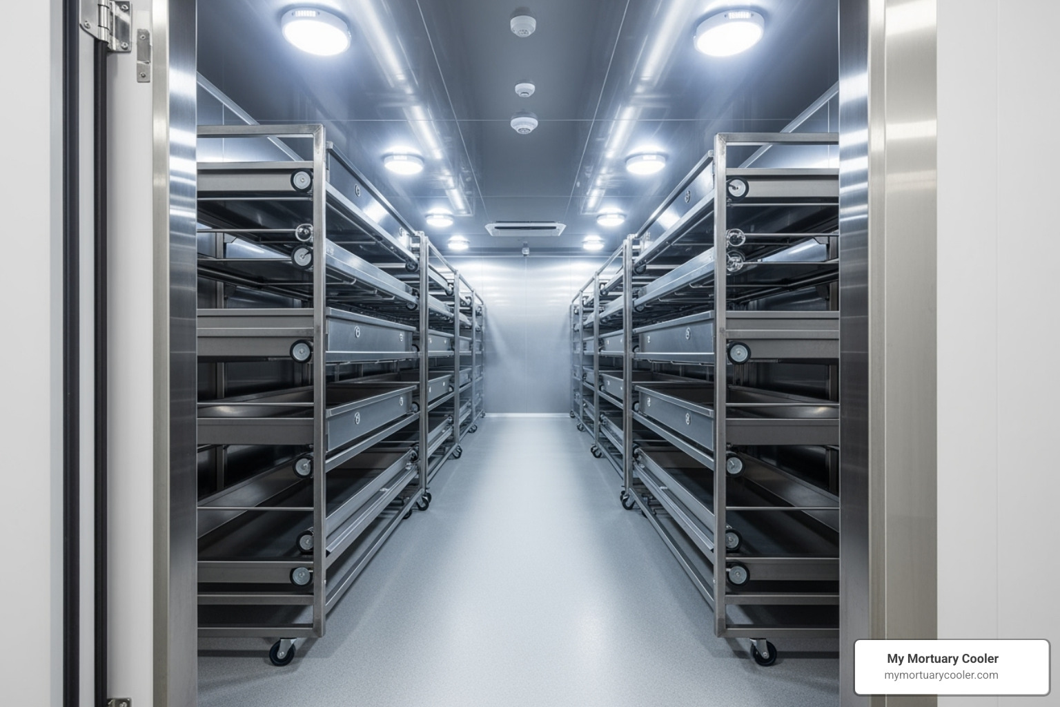 interior of a walk-in mortuary cooler with racking systems - body storage freezer