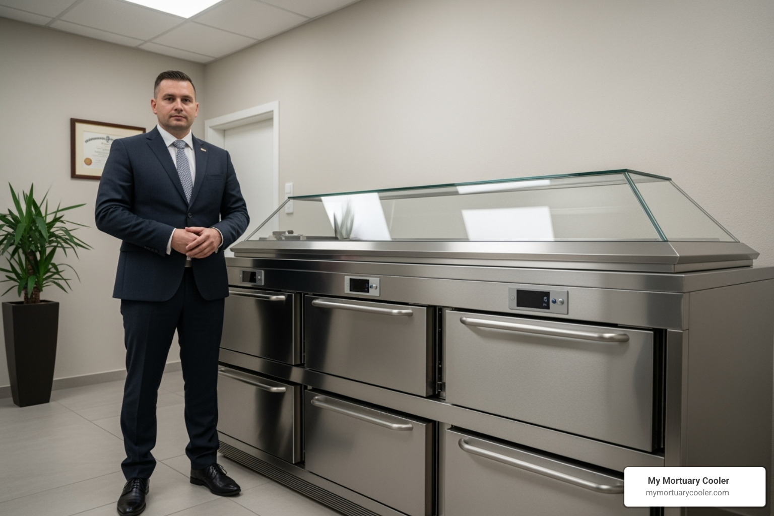 funeral director standing next to a mortuary cooler - body storage freezer