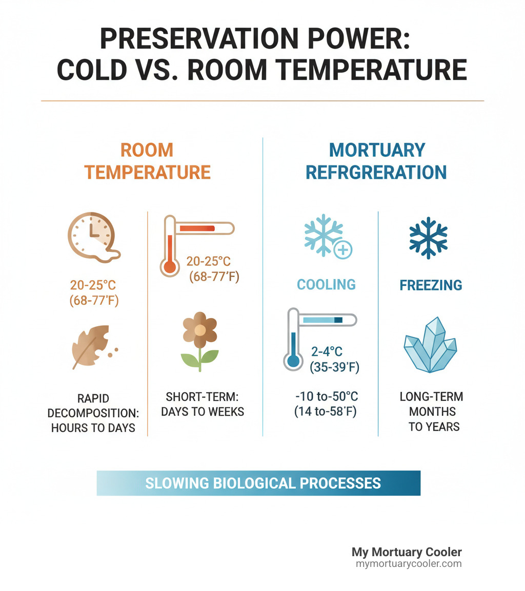 Infographic showing how mortuary freezers prevent decomposition compared to room temperature, detailing temperature ranges for cooling (2-4°C) and freezing (-10 to -50°C) and their effect on preservation duration. - mortuary freezer for sale infographic 