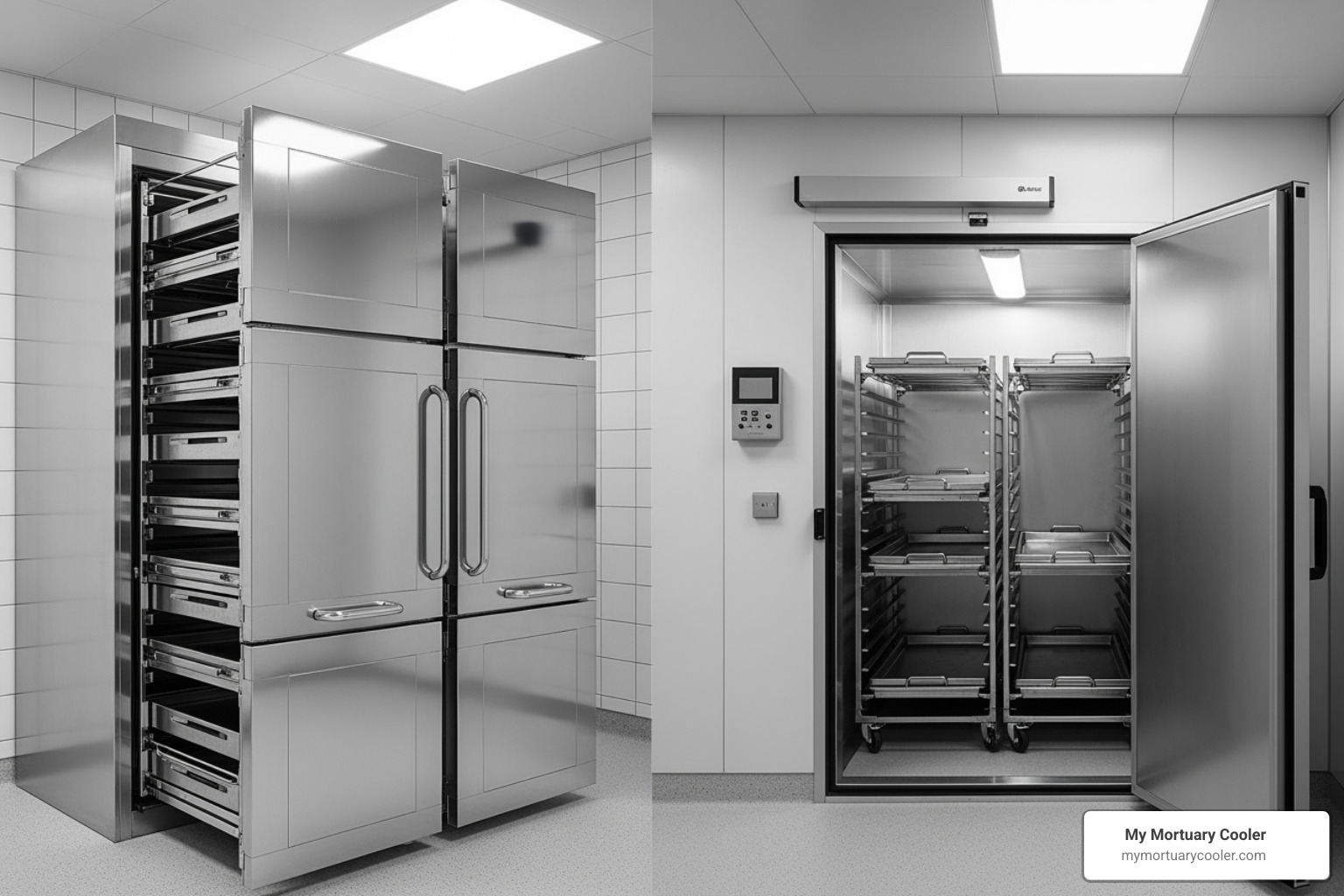 A side-by-side comparison of a sleek, stainless steel cabinet-style mortuary freezer with multiple pull-out trays and a large, insulated walk-in mortuary cooler with a wide entrance and internal racking system. - mortuary freezer for sale