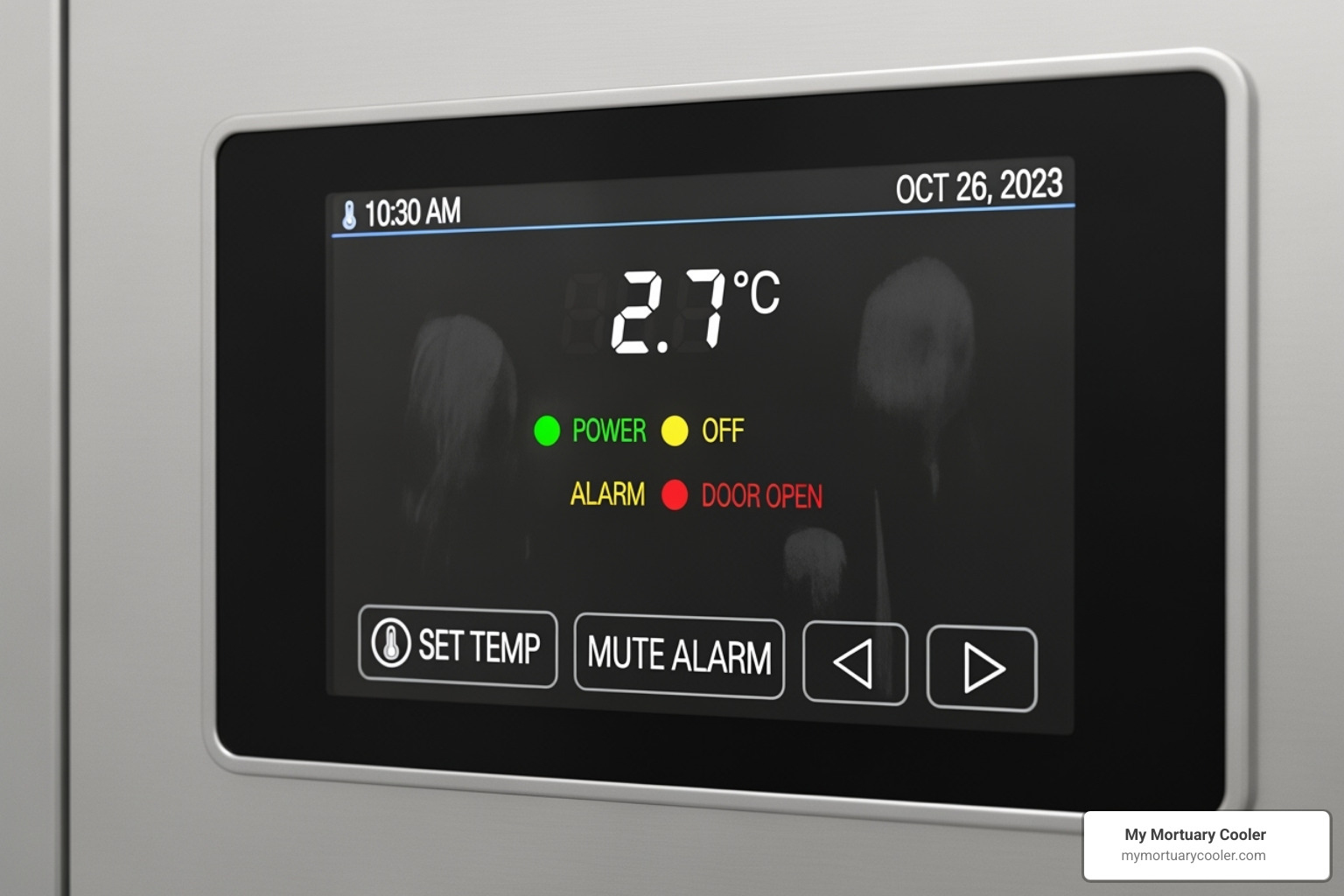 A close-up image of a modern mortuary freezer's digital control panel, displaying temperature, alarm indicators, and touch controls. - mortuary freezer for sale