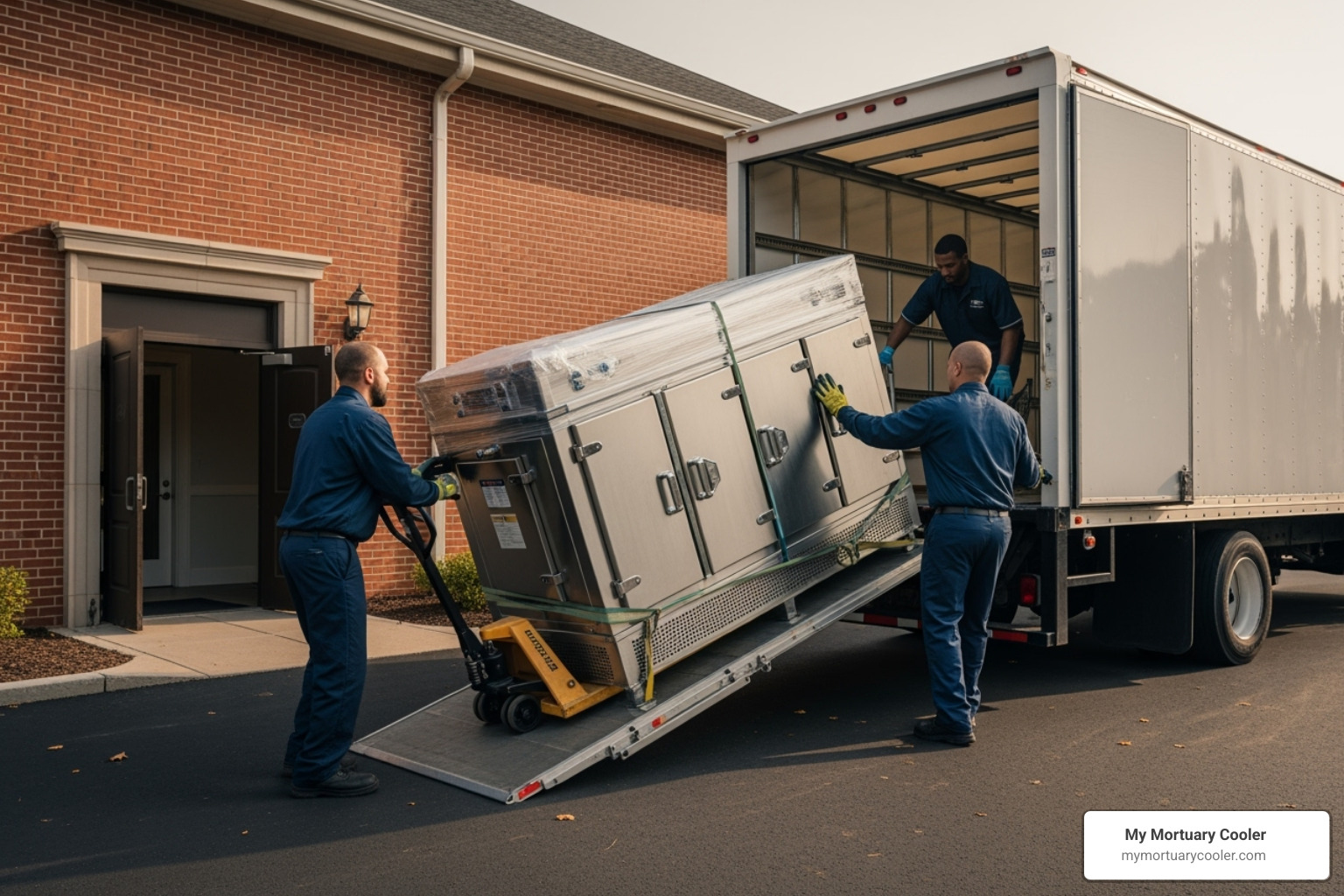 A mortuary cooler being carefully unloaded from a delivery truck and moved into a funeral home by trained professionals. - mortuary freezer for sale