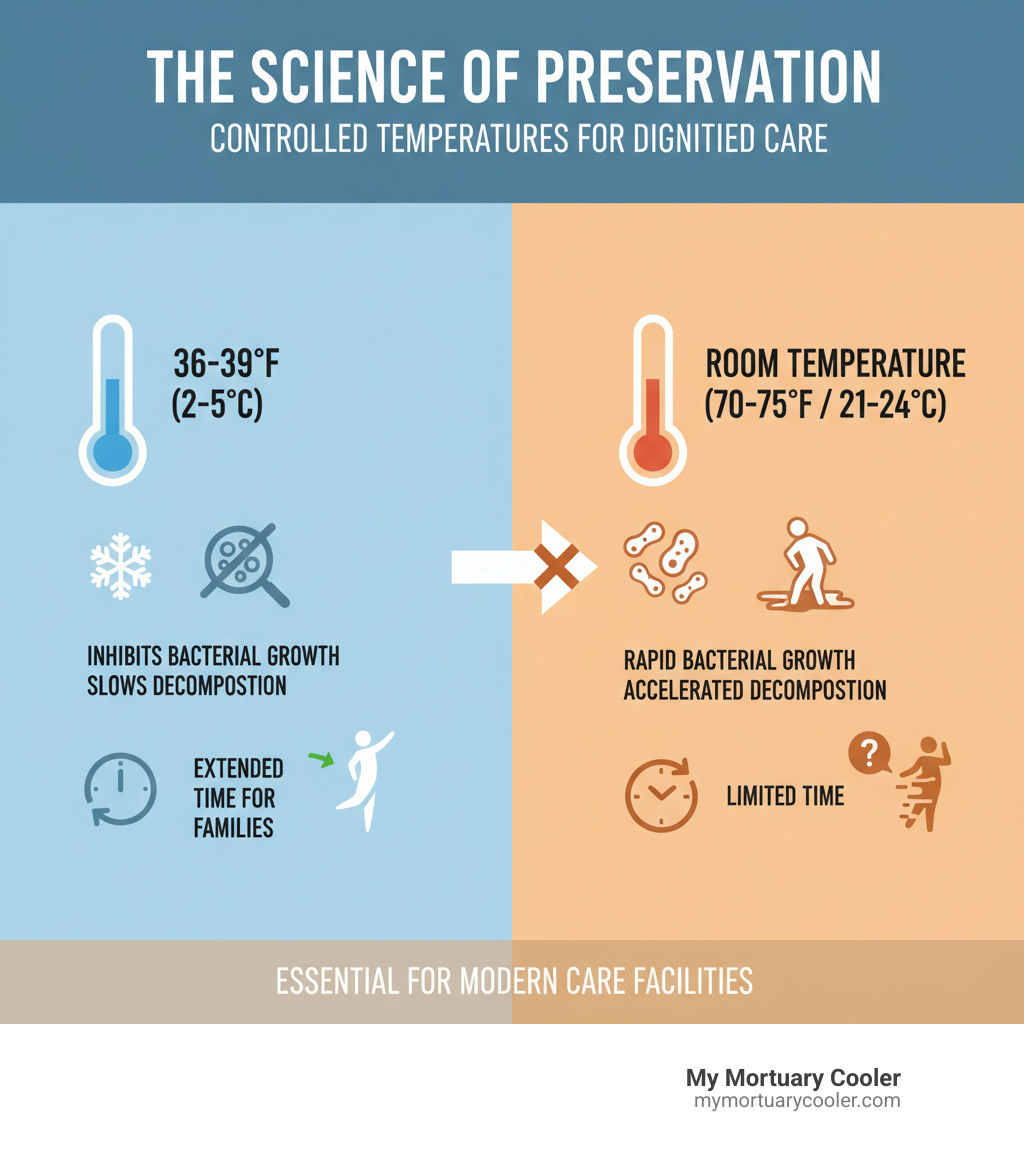 Infographic explaining how controlled low temperatures (36-39°F) inhibit bacterial growth and slow the decomposition process compared to room temperature. - funeral home freezer infographic 