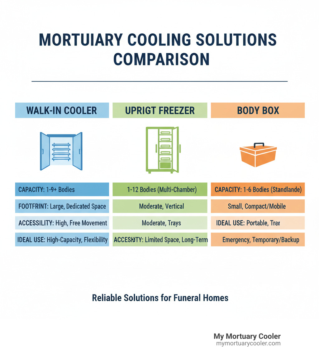 Table comparing Walk-in Coolers, Upright Freezers, and Body Boxes on Capacity, Footprint, Accessibility, and Ideal Use Case. - funeral home freezer infographic 