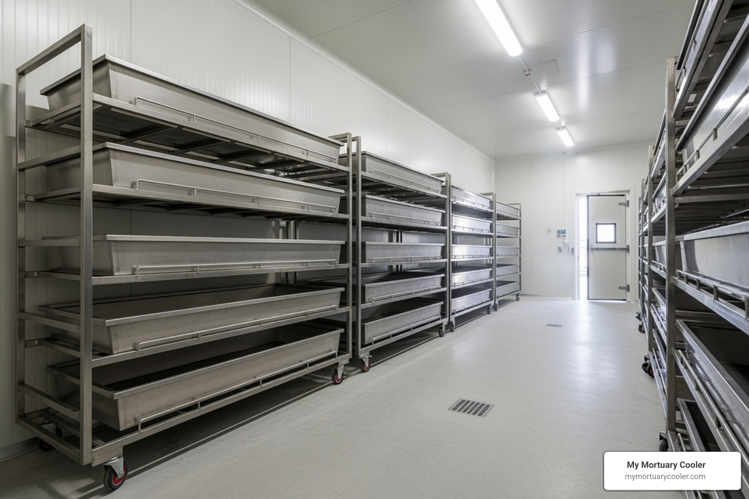 a well-organized walk-in mortuary cooler interior with body trays - funeral home freezer