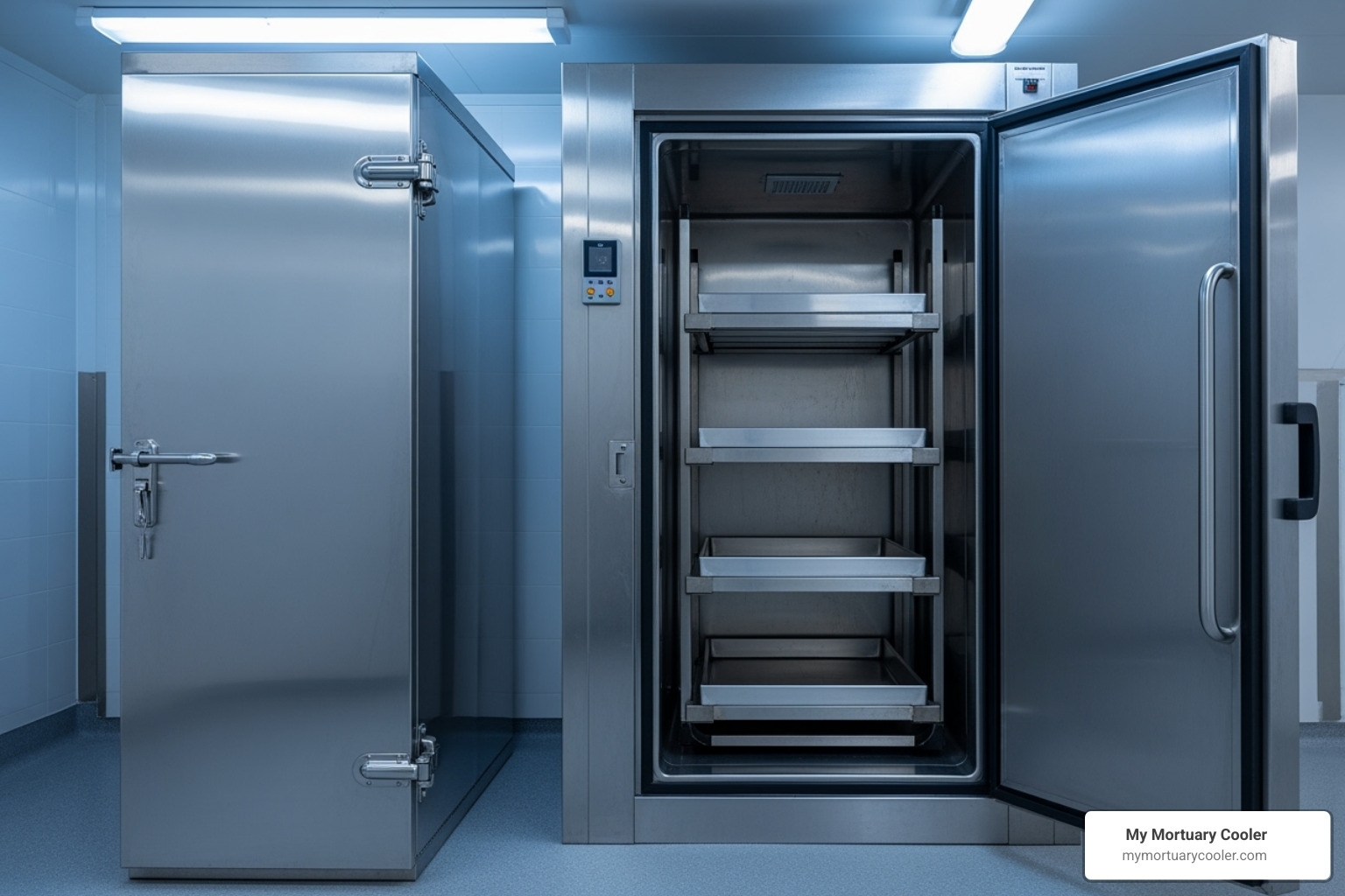 side-by-side comparison of an upright body box and the door to a walk-in cooler - funeral home freezer