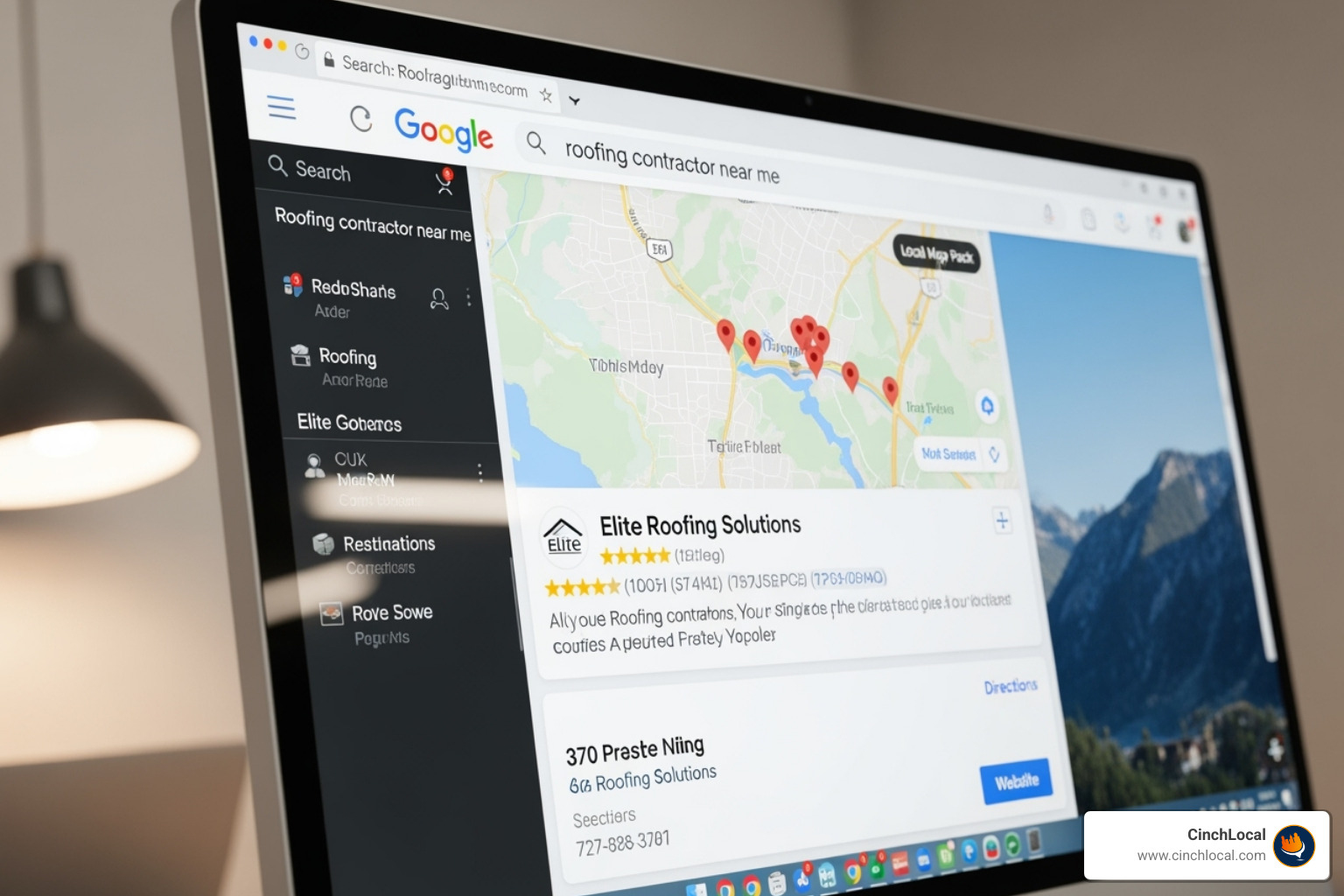 Google search results page showing a roofing contractor in the local map pack - roofer website design agency