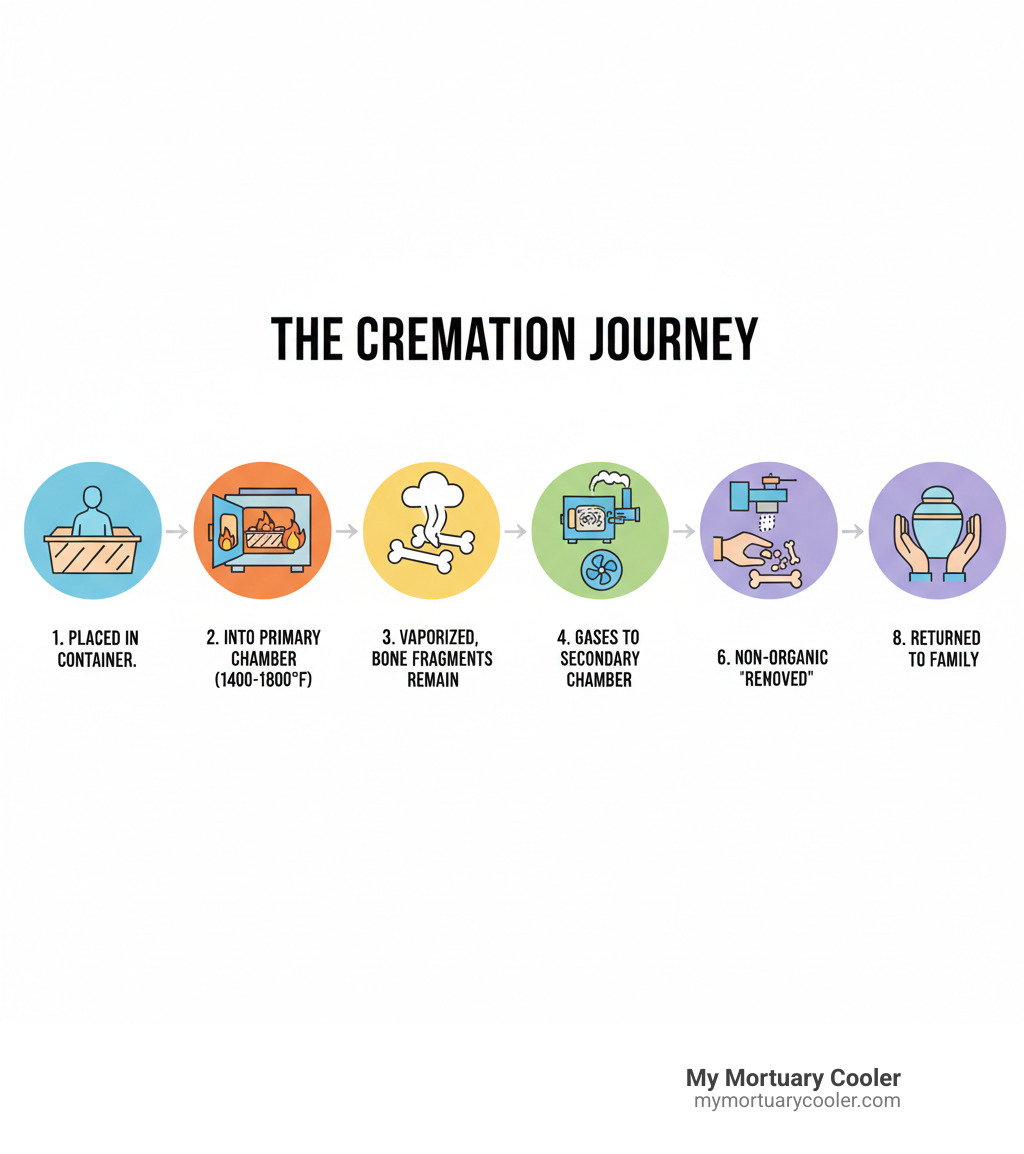 Infographic explaining the basic cremation process from start to finish: 1. Deceased placed in a combustible container. 2. Container loaded into the primary chamber of the cremation oven, operating at 1400-1800°F. 3. Organic matter is vaporized, leaving bone fragments. 4. Gases from the primary chamber move to a secondary chamber for further combustion and emission control. 5. Bone fragments are cooled. 6. Non-organic materials are removed. 7. Bone fragments are processed into fine "cremated remains" or "ashes". 8. Cremated remains are returned to the family. - oven for cremation infographic 