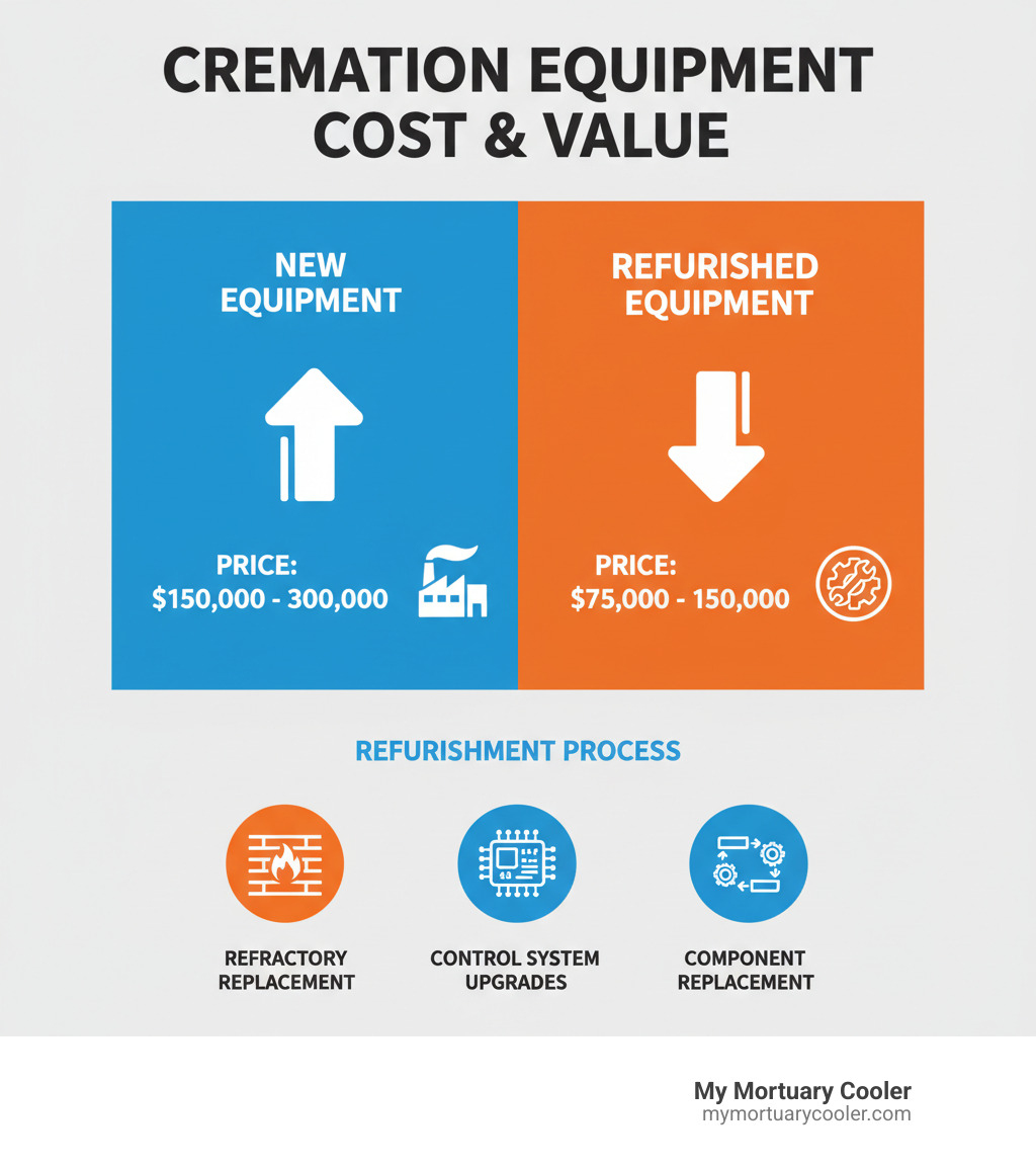 Infographic showing cost comparison between new cremation equipment at $150,000-300,000 versus refurbished equipment at $75,000-150,000, with additional details on refurbishment process including refractory replacement, control system upgrades, and component replacement - used cremation equipment for sale infographic 