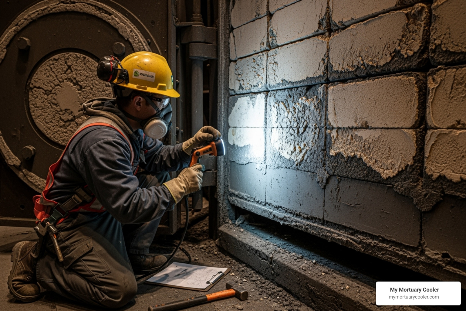 Technician inspecting refractory lining - used cremation equipment for sale