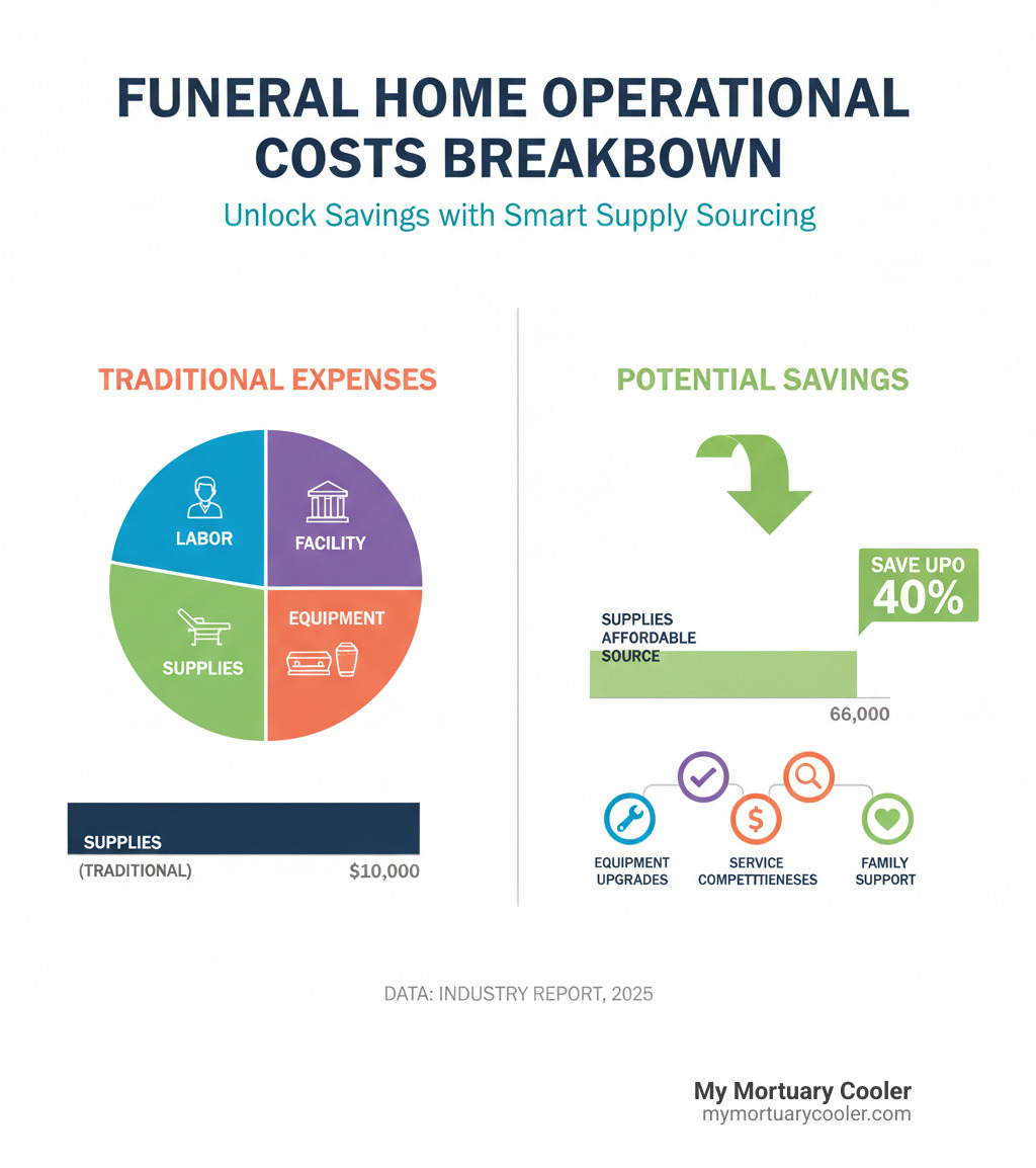 Breakdown of funeral home operational costs showing equipment, supplies, facility, and labor expenses with potential savings from affordable supply sources - affordable funeral supply infographic 