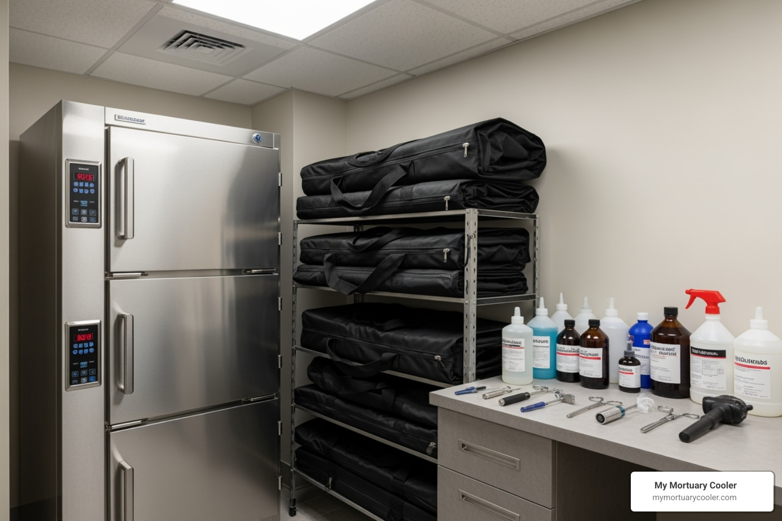 A variety of funeral supplies including mortuary coolers, body bags, and embalming fluids - affordable funeral supply