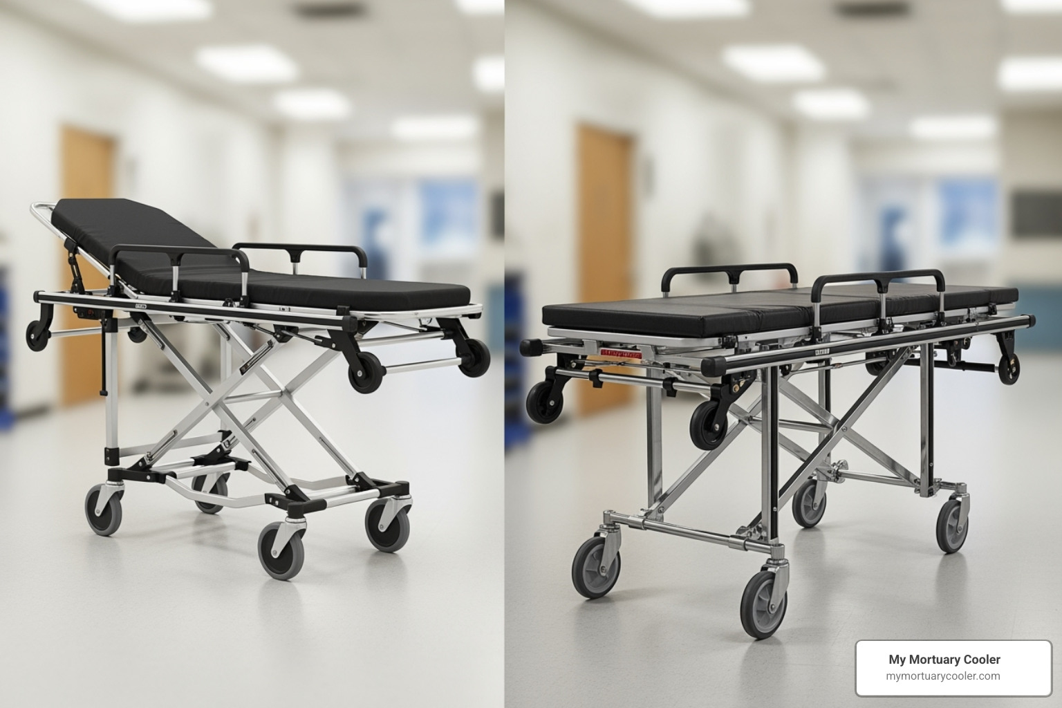 a side-by-side comparison of a compact folding stretcher and a heavy-duty bariatric stretcher - used mortuary stretchers for sale