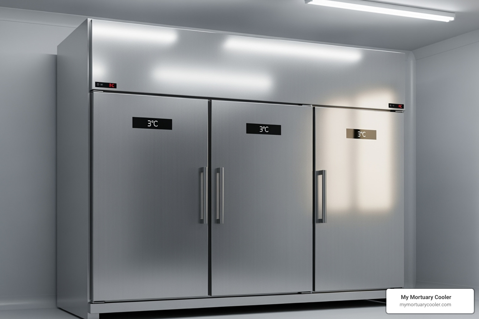 A modern, stainless steel mortuary cooler - affordable funeral supply