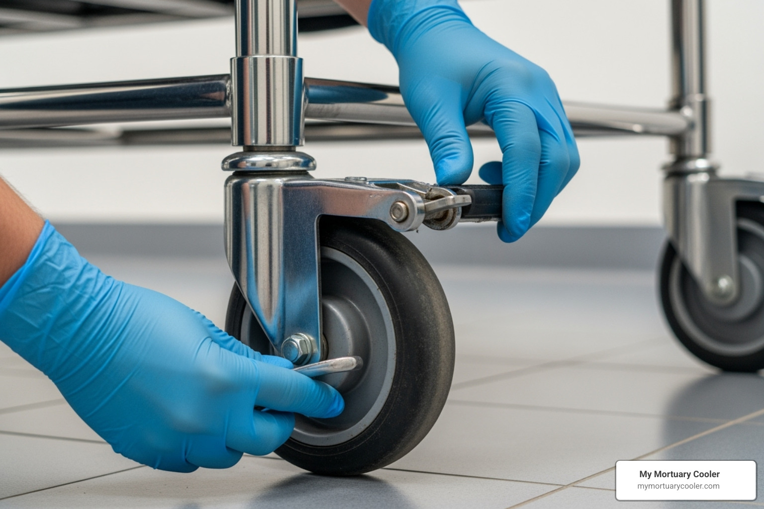 a person closely inspecting the wheels and locking mechanism of a mortuary cot - used mortuary stretchers for sale